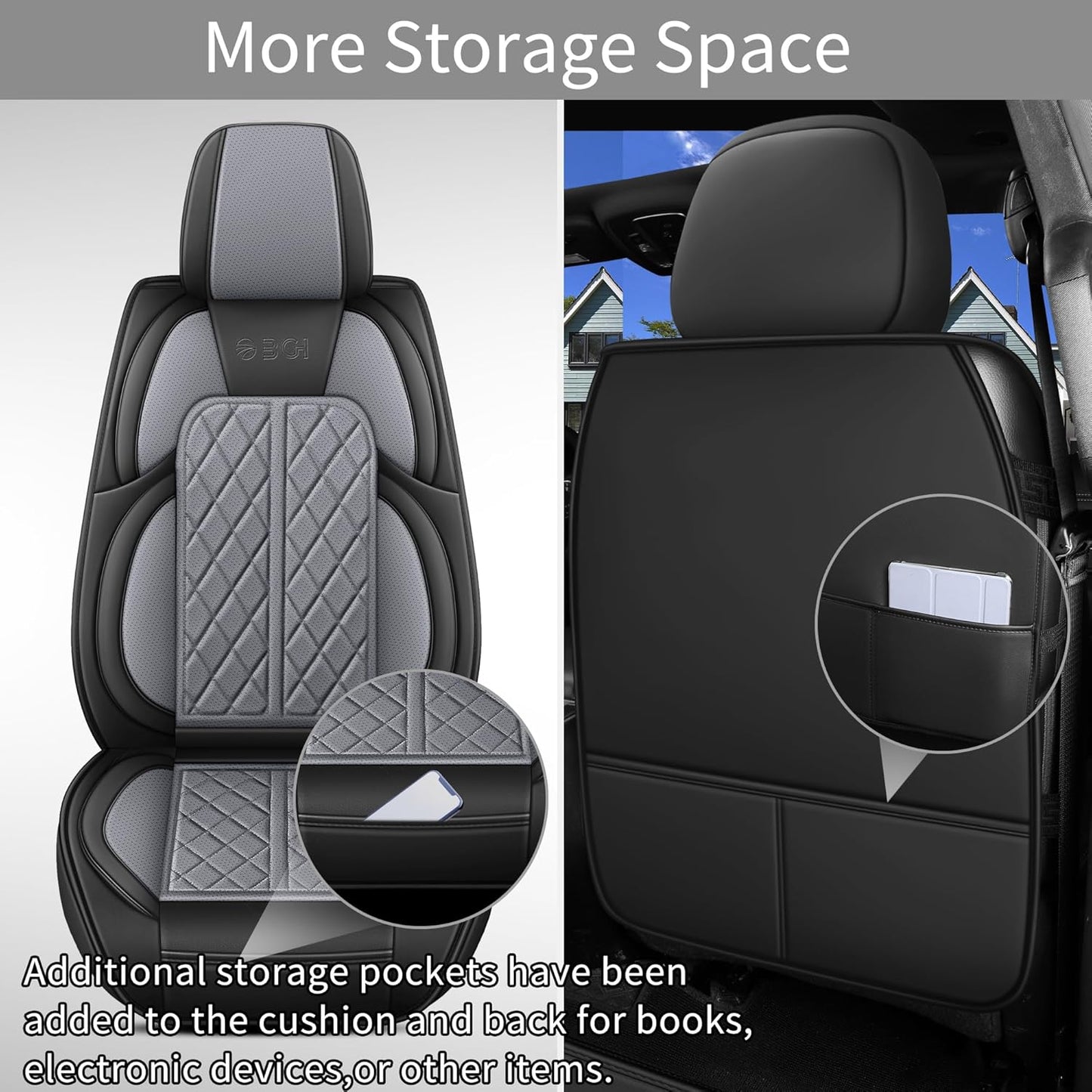 Car Seat Cover Custom Fit for Dodge Ram 1500 2500 3500 2002-2024 Faux Leather Seat Cover Set Compatible with Crew Quad Regular Cab Pickup Truck Cushions (Black & Grey, Full Set, Curved Rear)