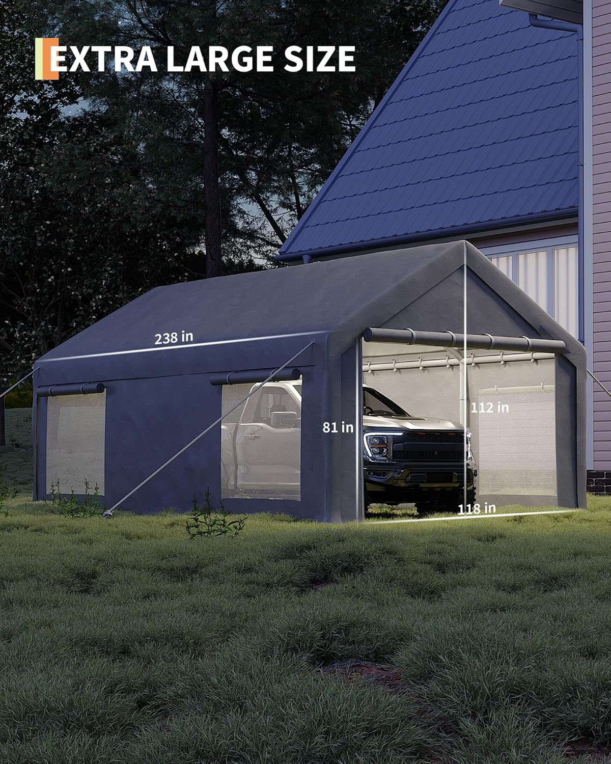 10x20 Ft Carport, Car Port with 200g PE Tarp, Roll-Up Doors, and 4 Windows, for Sedans, Bass Boats, Motos, ATVs, and SUVs, Light Gray