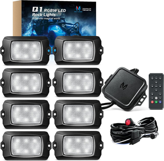 MICTUNING Q1 RGBW Rock Lights, 8 Pods Pure Color Underglow Neon Multicolor Lighting with Wiring Switch Kit, Bluetooth Controller, Remote Control, Music Mode for Trucks Car ATV UTV Golf Cart
