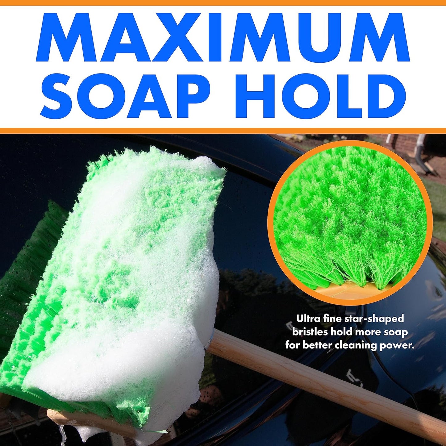 Hub City Industry 10- inch Car Wash Brush, Bi- Level Brush, Soft Nylon Bristle, car Accessories, Cleaning Supplies, Automotive wash Brush,Flagged Green Poly Bristle