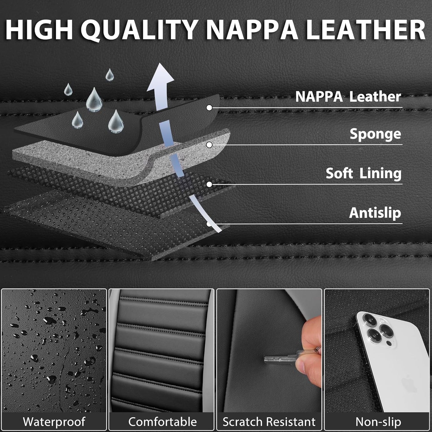 CAR PASS Nappa Leather Car Seat Covers Front Seats, Luxury Seat Protector for Cars, Waterproof Anti-Slip Seat Cushion Armrest Compatible Airbag Universal for SUV Pick-up Truck Automotive, Black Gray