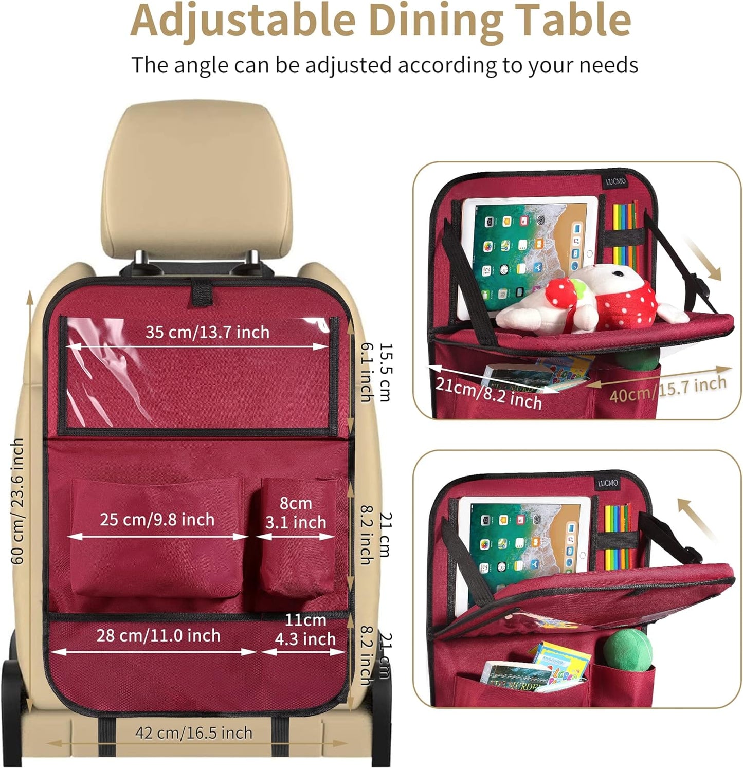 LUCMO Car Backseat Organizer with Tablet Holder,6 Storage Pockets Car Storage Organizer with Foldable Food Tray,Seat Protectors Kick Mats Travel Accessories-Red