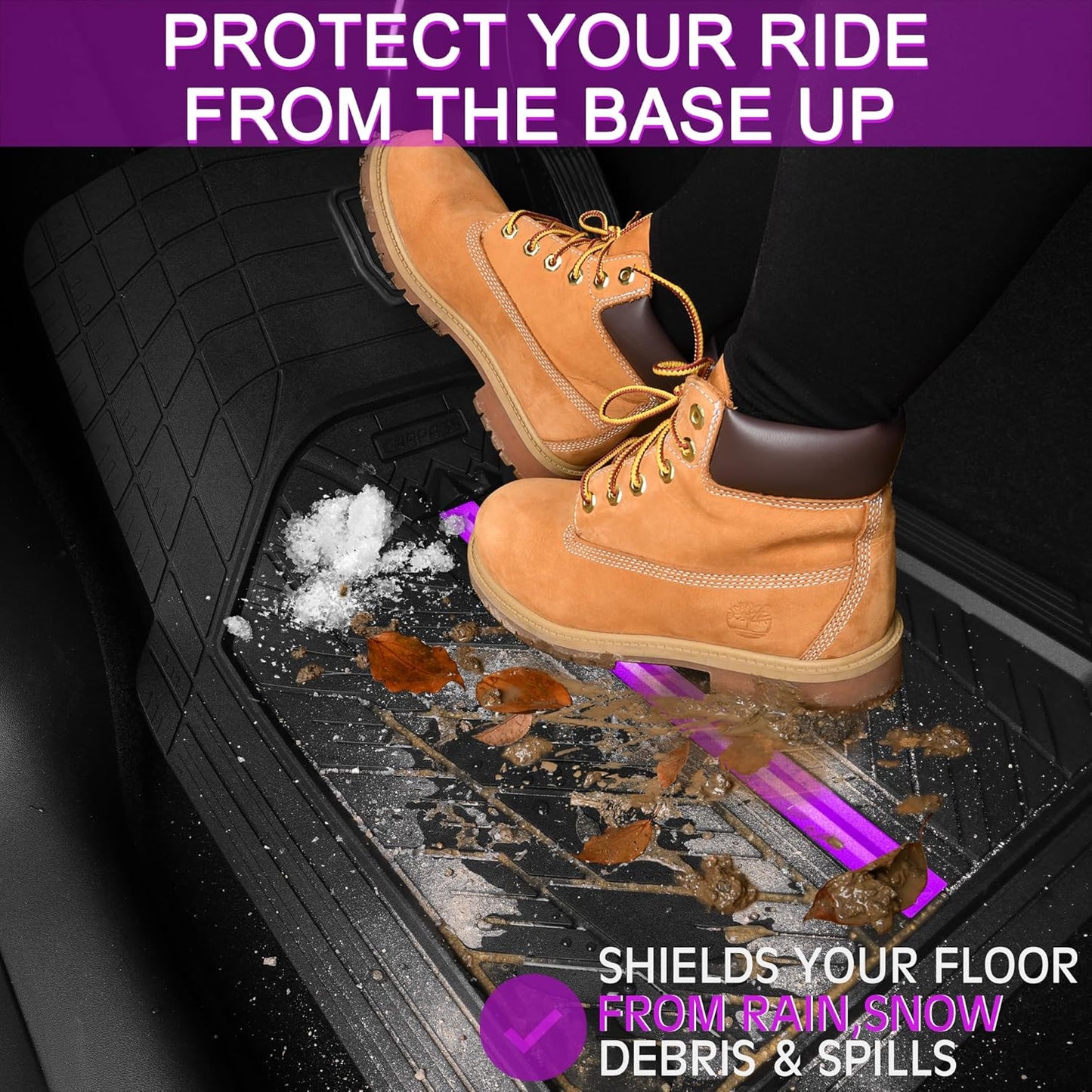 CAR PASS Metal Medium Rubber Floor Mats for Car Heavy Duty Car Mats All Weather, Universal Trim to Fit for Truck SUV Vehicle Automotive Floor Mats, Waterproof Car Mats 4 Piece Black Purple