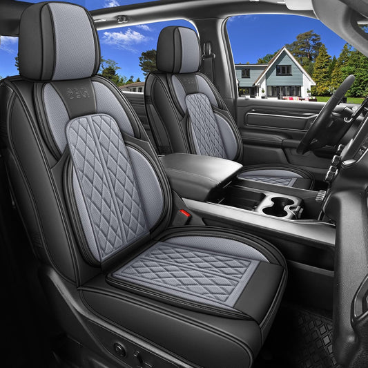 Car Seat Cover Custom Fit for Dodge Ram 1500 2500 3500 2002-2024 Faux Leather Seat Cover Set Compatible with Crew Quad Regular Cab Pickup Truck Cushions (Black & Grey, Full Set, Curved Rear)
