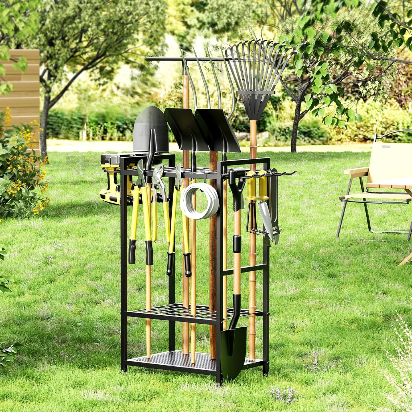 Garden Garage Tool Organizer Yard Tool Organizer for Garage with 4 Hooks, Heavy duty Steel Garden Tool Rack Holds up to 48 Long Handled Yard tools for Storage