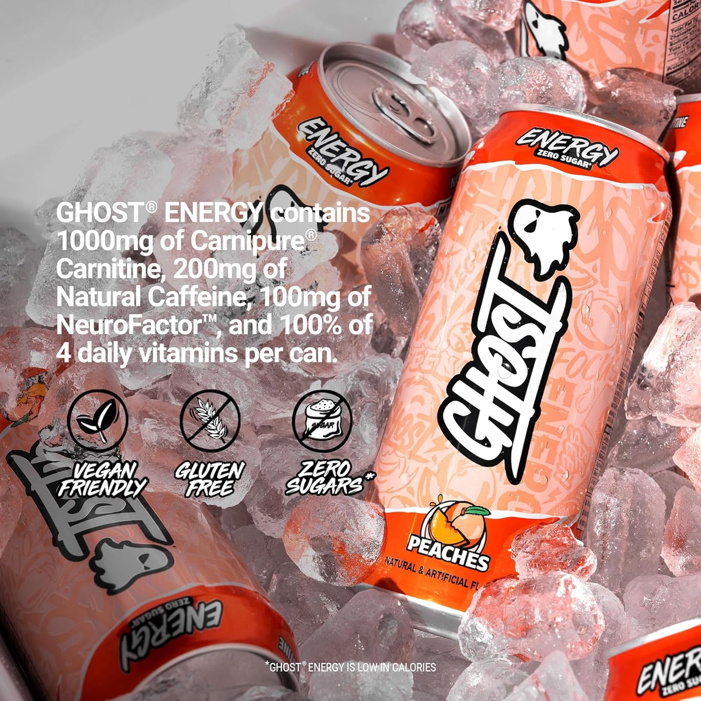 GHOST Energy Drink - 12-Pack, Peaches, 16oz - Energy & Focus & No Artificial Colors - 200mg of Natural Caffeine, L-Carnitine & Taurine - Gluten-Free & Vegan