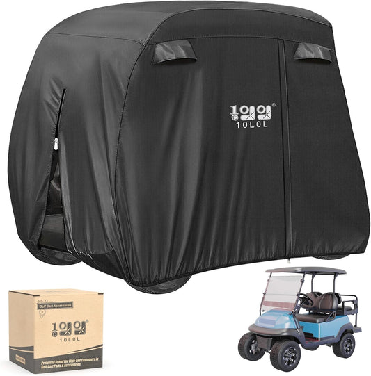 10L0L 4 Passenger Golf Cart Cover for Yamaha EZGO Club Car, 400D Polyester All-Weather Waterproof Golf Cart Storage Cover with Three Zipper Doors-Black