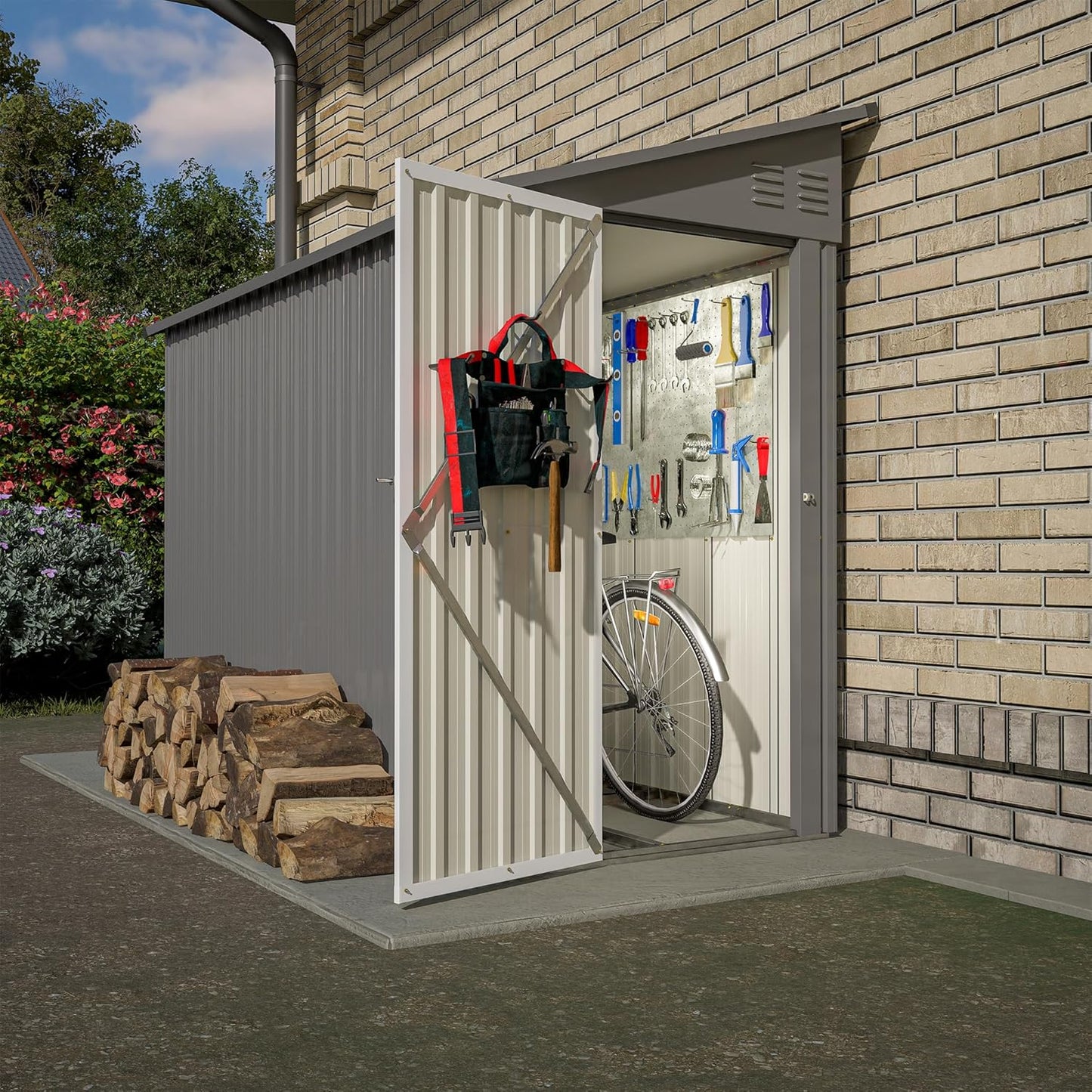 4x8 FT Outdoor Storage Shed,Lean to Metal Shed W/Floor Included,Garden Storage Shed W/Lockable Door,All Weather Waterproof Tool House W/ 2 Air Vents,for Backyard,Patio,Lawn,Garden,Gray