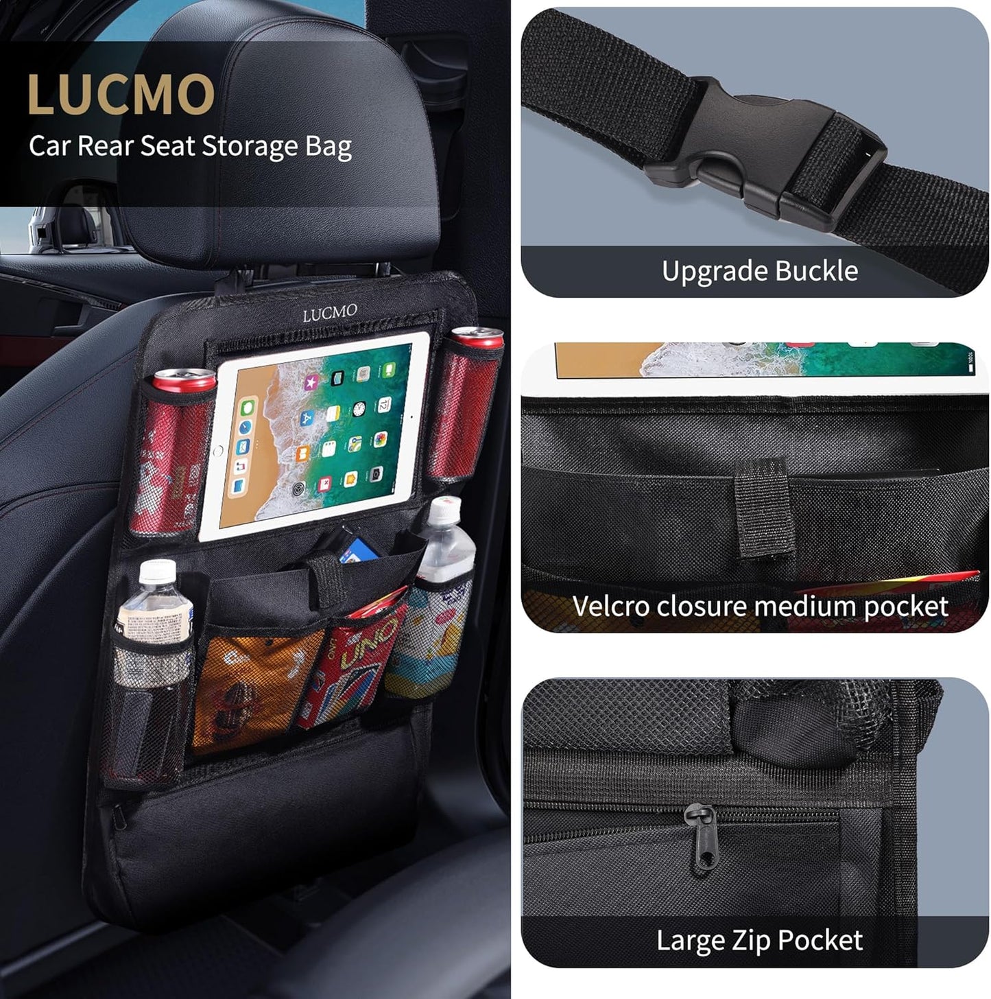 LUCMO Car Backseat Organizer with Touch Screen Tablet Holder-2 Pcs,9 Storage Pockets Car Storage Organizer, Protectors Kick Mats Travel Accessories for Kids-Black