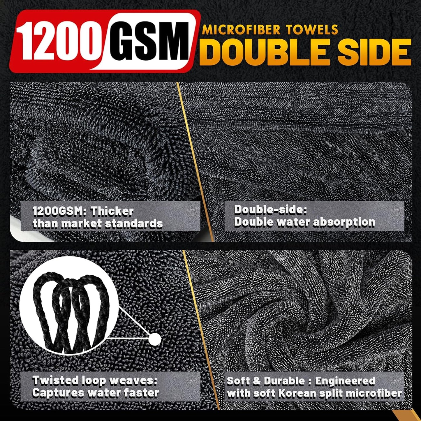 Microfiber Towels for Cars, 2 Pack 1200GSM Car Drying Towel(24″x 36″), Dual Sided Drying Towels Car Detailing, Ultra Absorbent Car Cleaning Towel, No Streak, No Scratch, No Water Spots