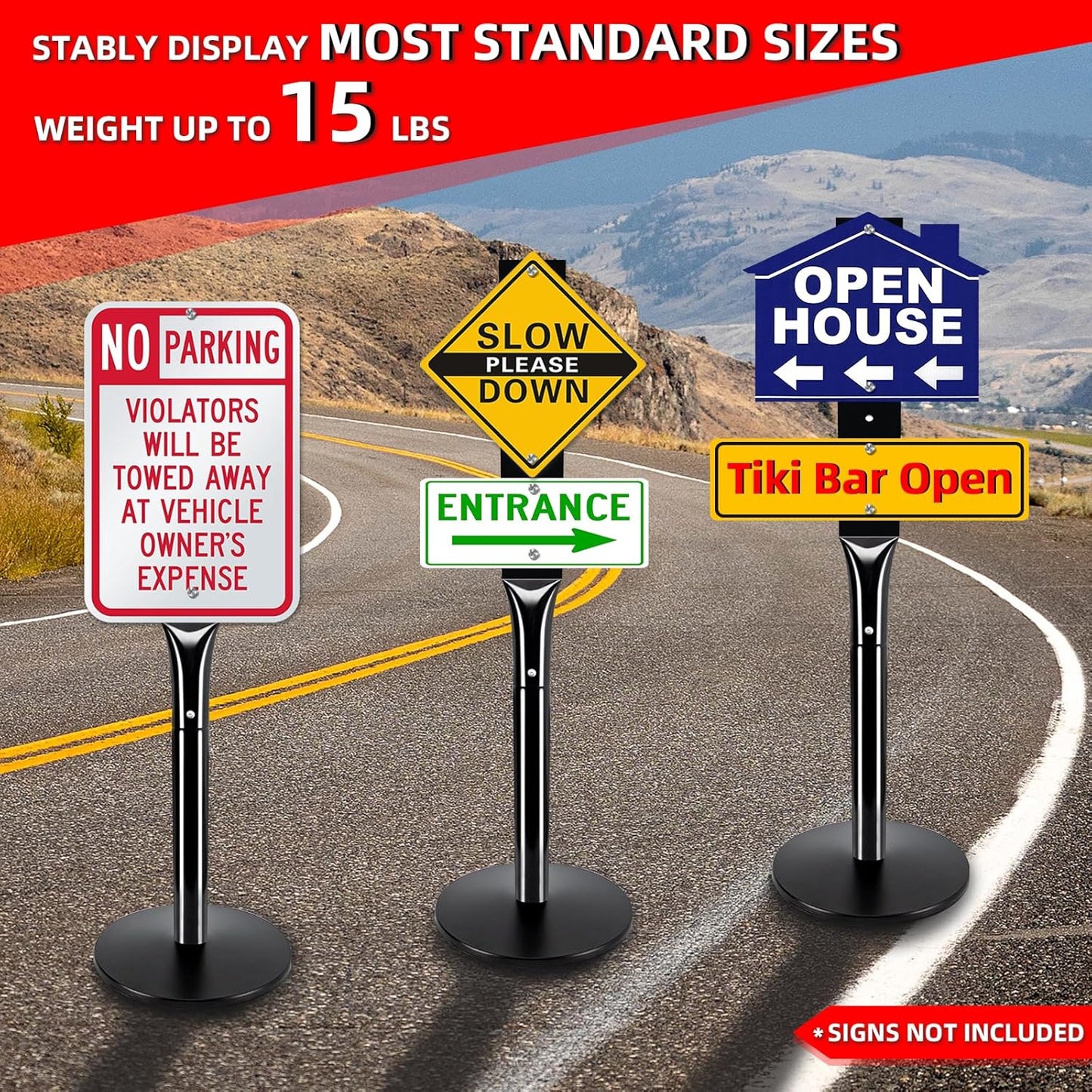 2Pack Heavy Duty Cast Iron Sign Stand - 48" Outdoor Portable Pedestal Post - Display Road Sign, Construction Sign Holder (Black)