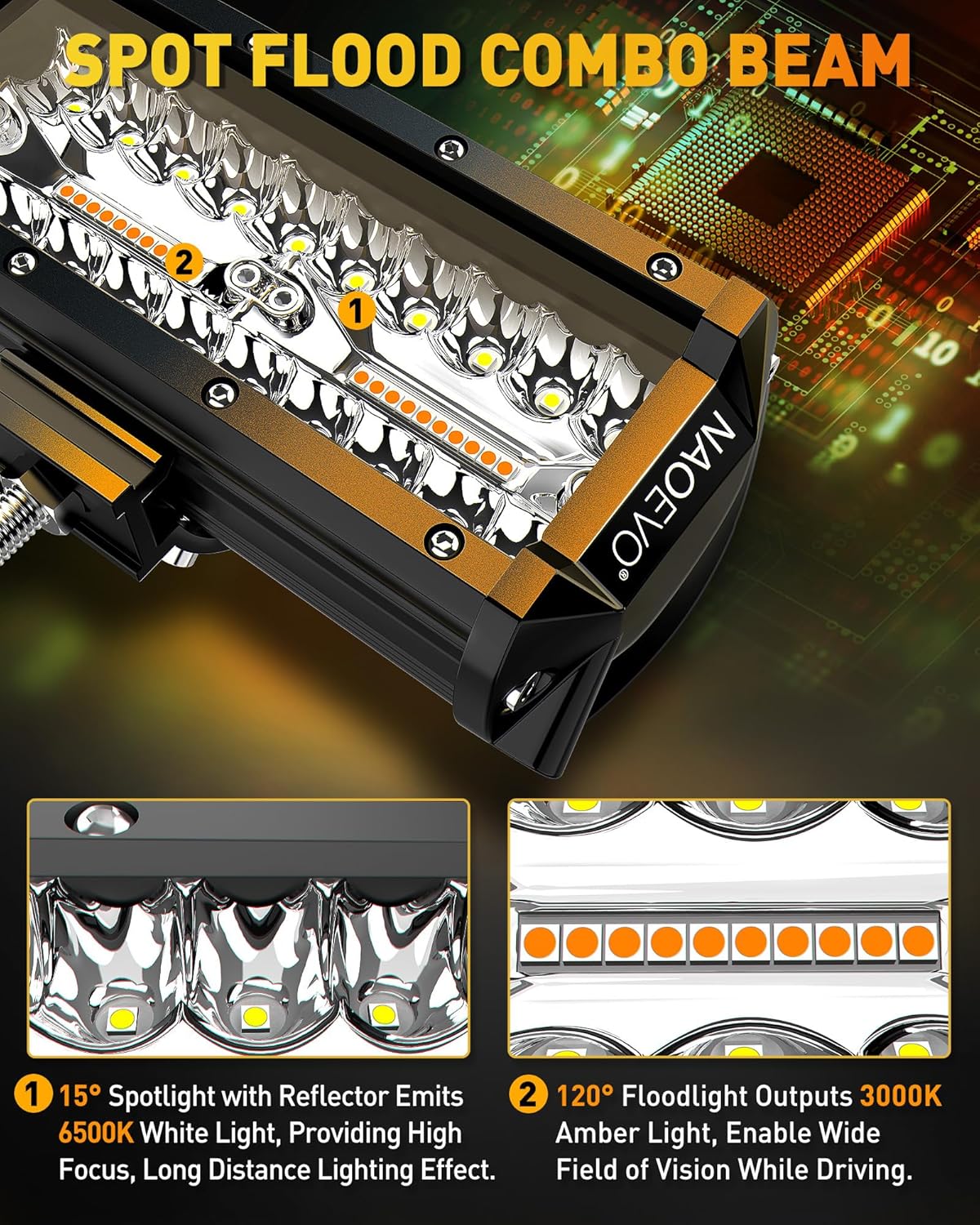 NAOEVO 7 Inch Light Bar, 240W 24,000LM Offroad Fog/Driving Lights LED Pods with 2 Leads Wiring Harness, Spot Flood Combo LED Work Lights for Truck Boat UTV ATV, 2-Pack (White/Amber/White&Amber)