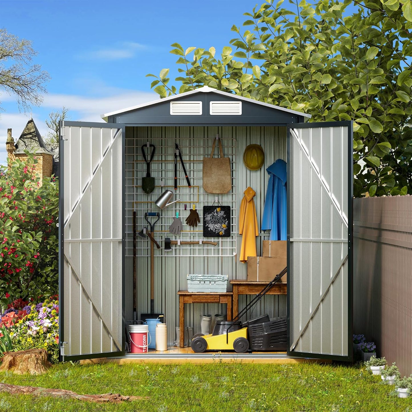 5x3X6.3FT Outdoor Steel Storage Shed with Lockable Doors and Frame Floor, Compact Small Bike Shed, Ideal for Garden, Backyard, Swimming Pool, Patio Utility and Tool Storage