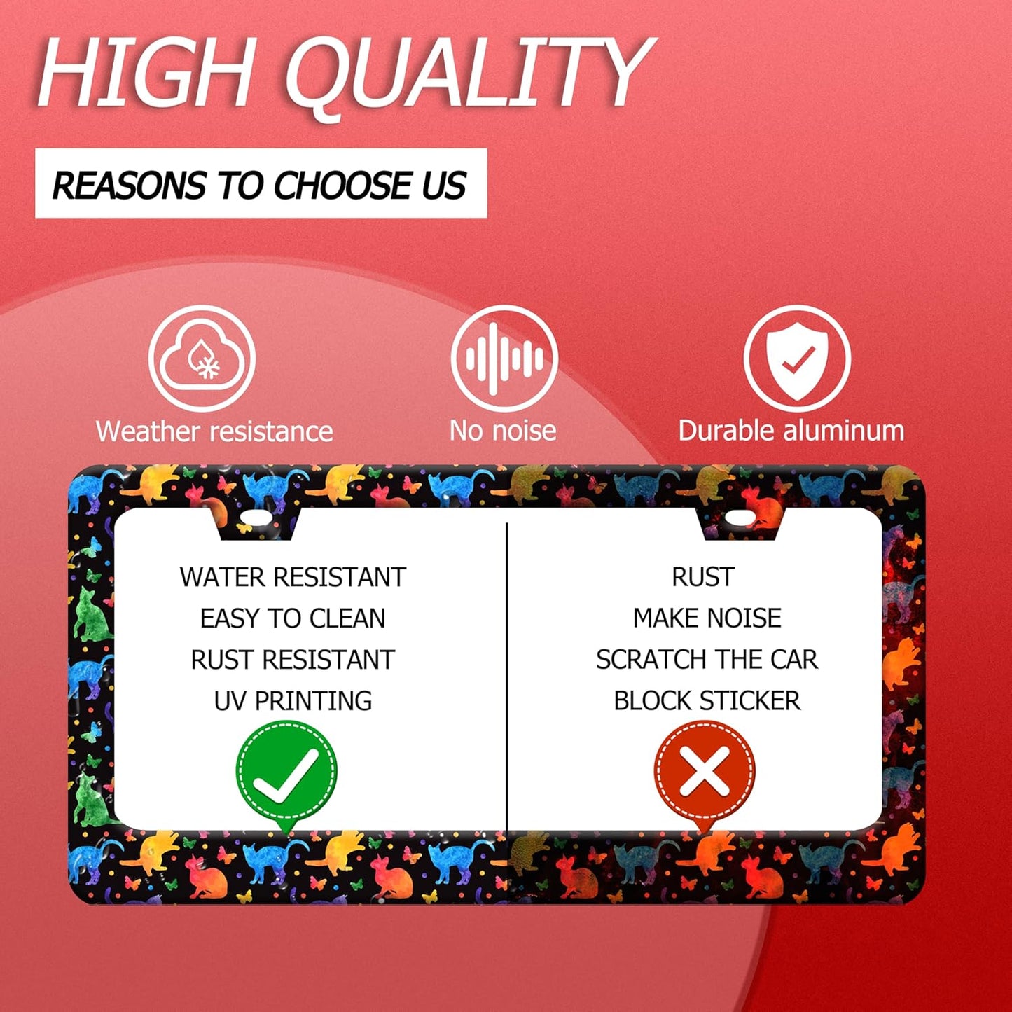 Colorful Cat License Plate Frame Cute Pet Butterfly License Plate Holder Funny Stainless Steel Accessories Cars Decor with 2 Holes and Screws Fits Standard Us Ca Vehicles 12.2 X 6 Inch