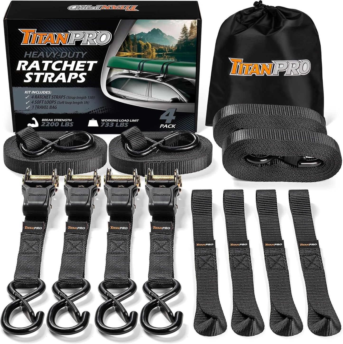 TitanPro Heavy Duty Ratchet Straps 4-Pack - 2,200lb Break Strength, 1" x 15' Rachet Tie Downs with Padded Handles - Heavy Duty, Truck, Motorcycle, Moving Straps (Black)