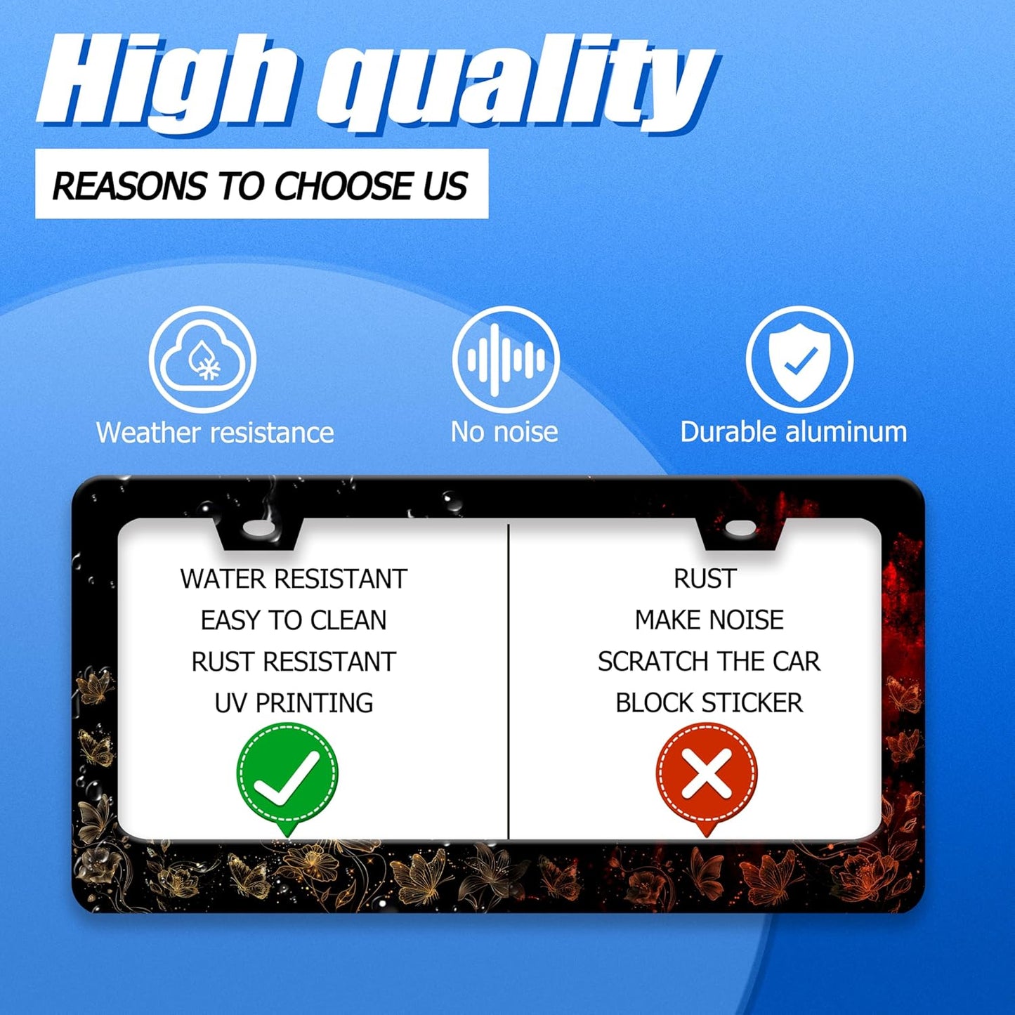 Butterfly License Plate Frame Golden Butterflies License Plate Stainless Steel Funny License Plate Holder for Men Women Universal Colorful Car Accessories Decoration 12.3" x 6.3"