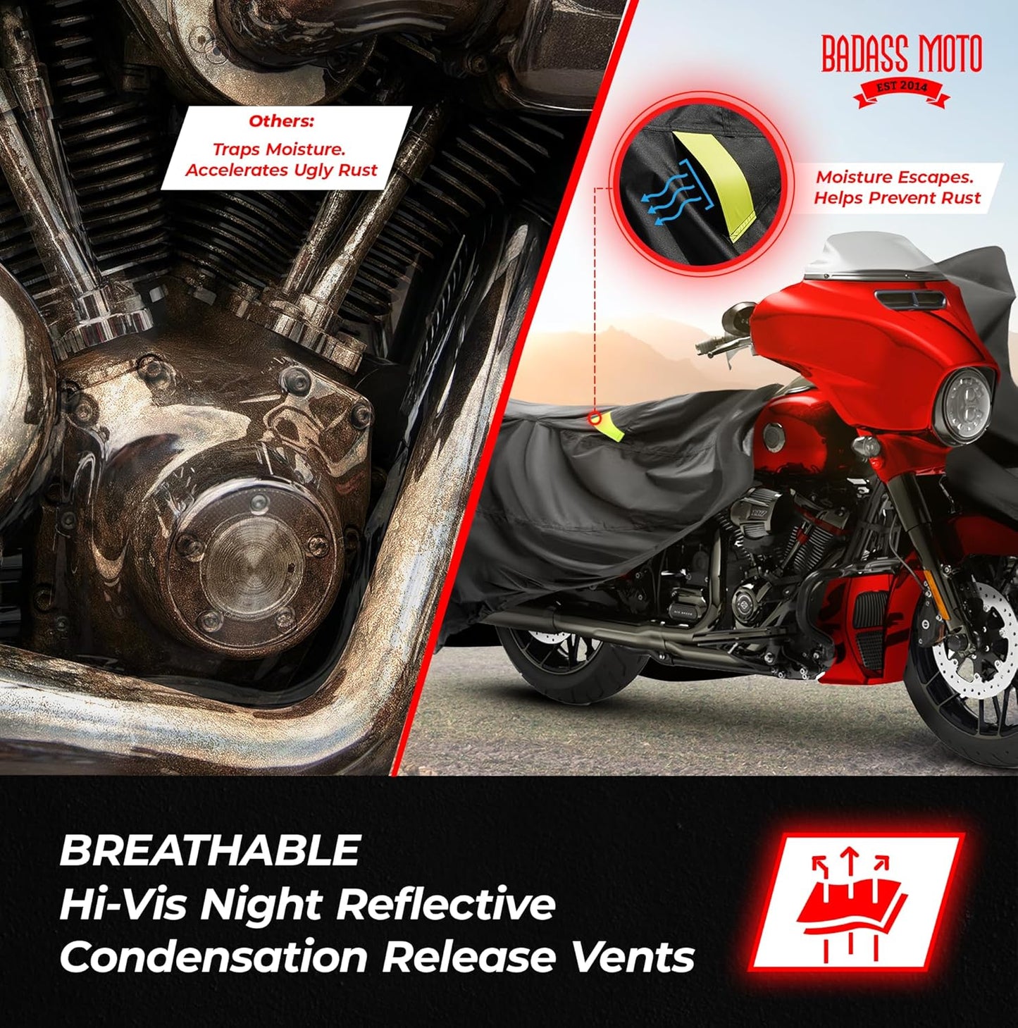 Badass Moto Ultimate Motorcycle Cover Waterproof Outdoor Heavy Duty Durable All Season Storage Harsh Weather Sun Rain Cover fits Harley Davidson Street Glide, Vulcan, Shadow, Cruiser Bikes. Large 97L