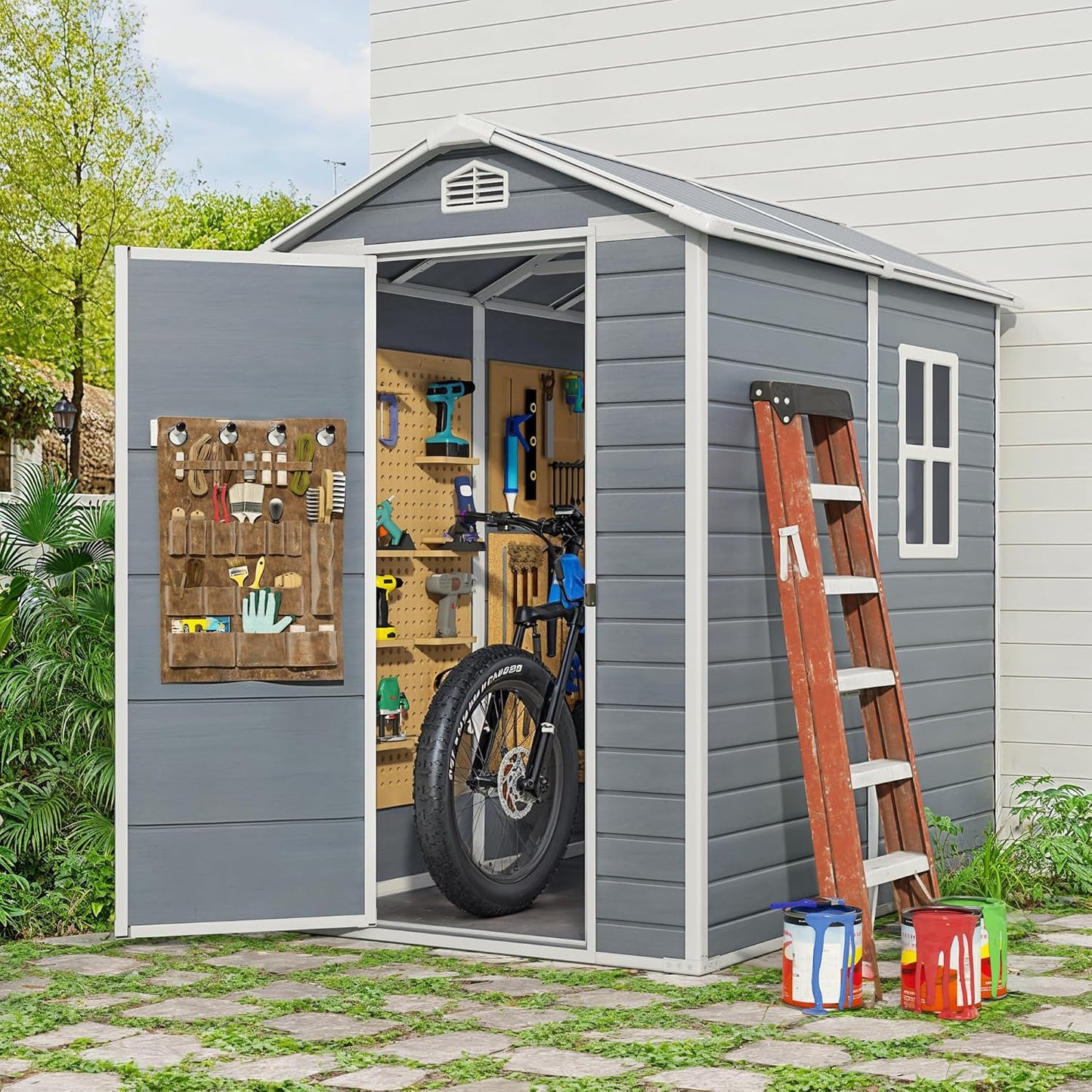 Gizoon 6x4 FT Outdoor Storage Shed with Floor, Resin Garden Tool Shed with Lockable Doors, Window, Vents, Reinforced Steel Frame, Waterproof Plastic Storage Sheds for Backyard, Patio, Lawn