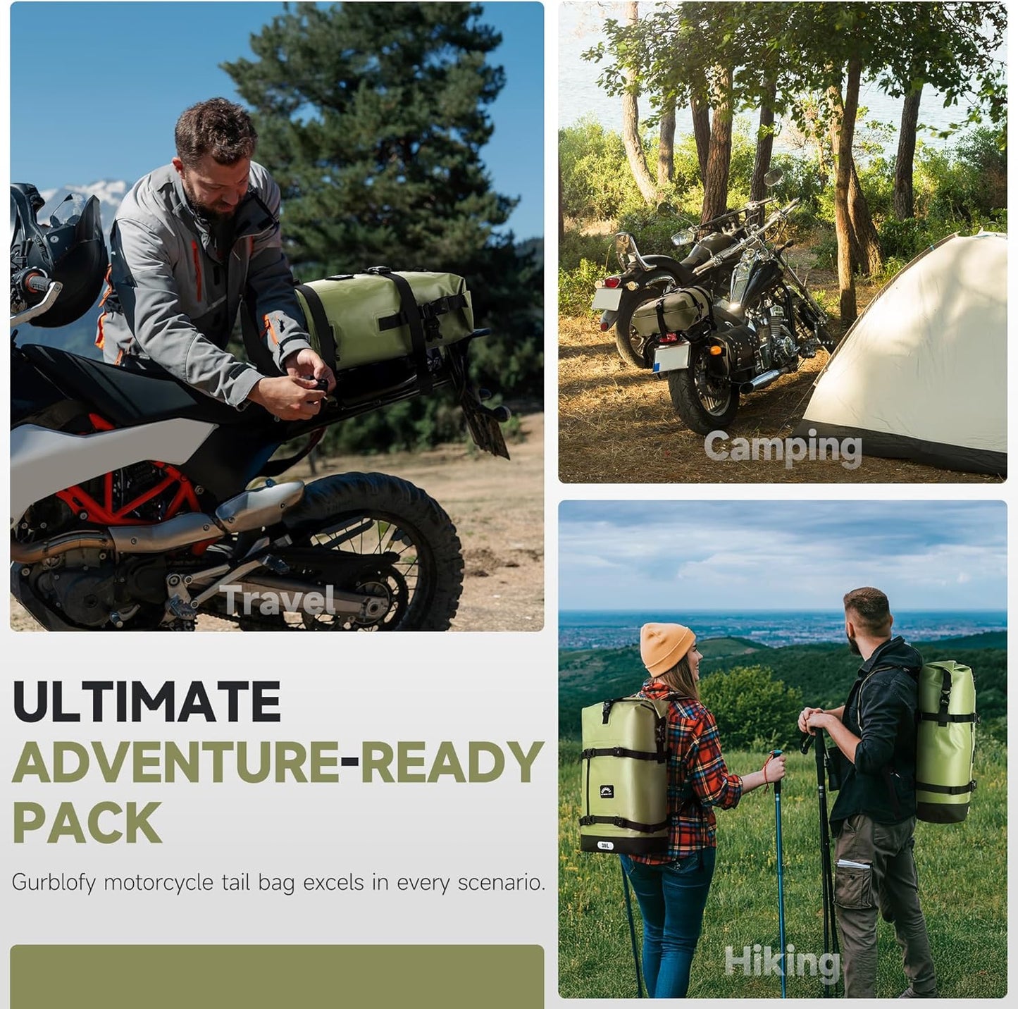 Motorcycle Saddle Bag, 30L Waterproof Motorcycle Tail Bag, 2 Size and 3 Color Options Travel Bag, PVC Bag, Rear Seat Bag, Field Green GT-30GN