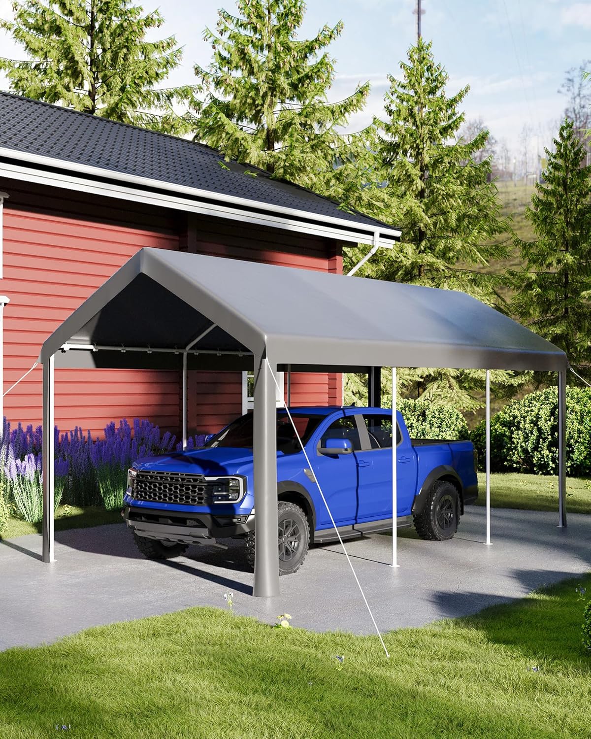 10x20ft Metal Carport Garage with PE Fabric and Galvanized Steel Frame Leg Wrap Carport for Outdoor Shelter for Cars, Trucks and Boats - Gray
