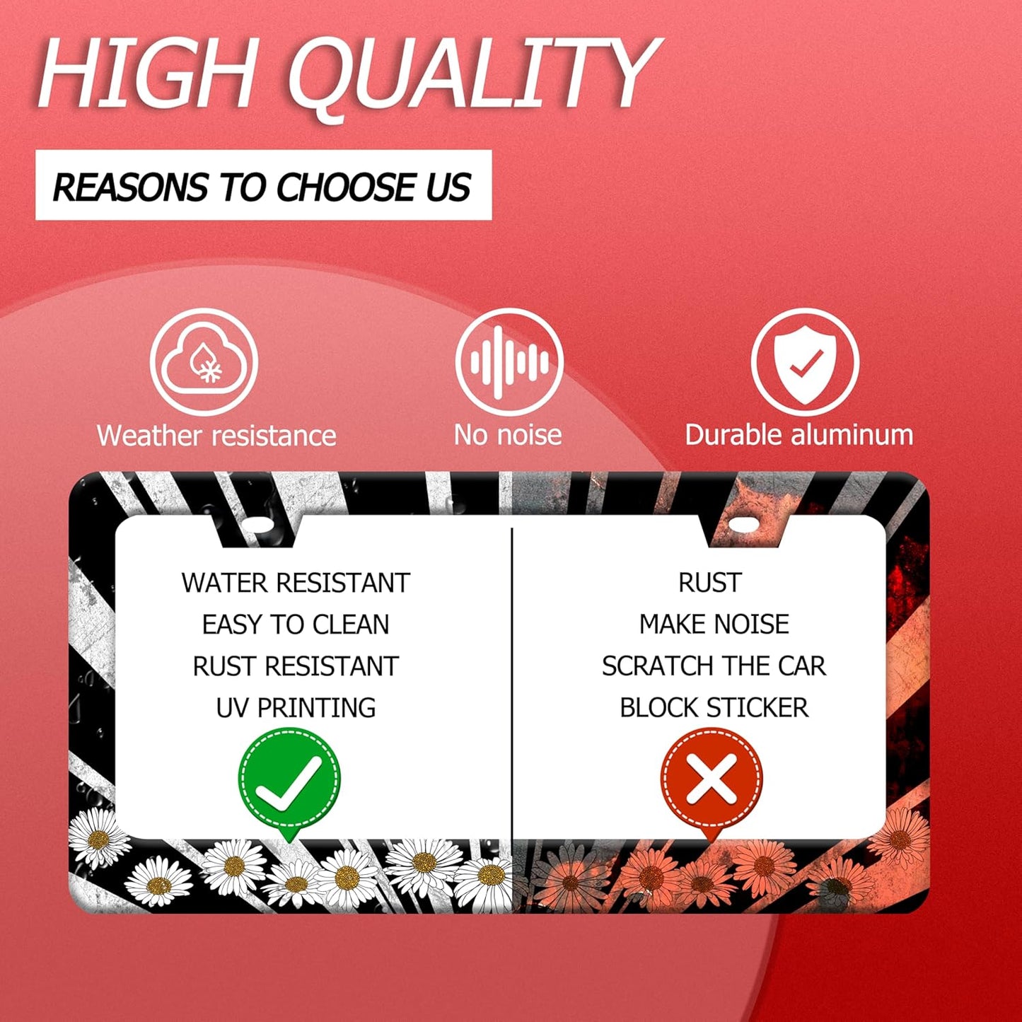 Sun License Plate Frame Black White Daisy Flowers License Plate Frames Funny Auto Accessories Bracket Stainless Steel License Plate with Screw 6x12 Inch