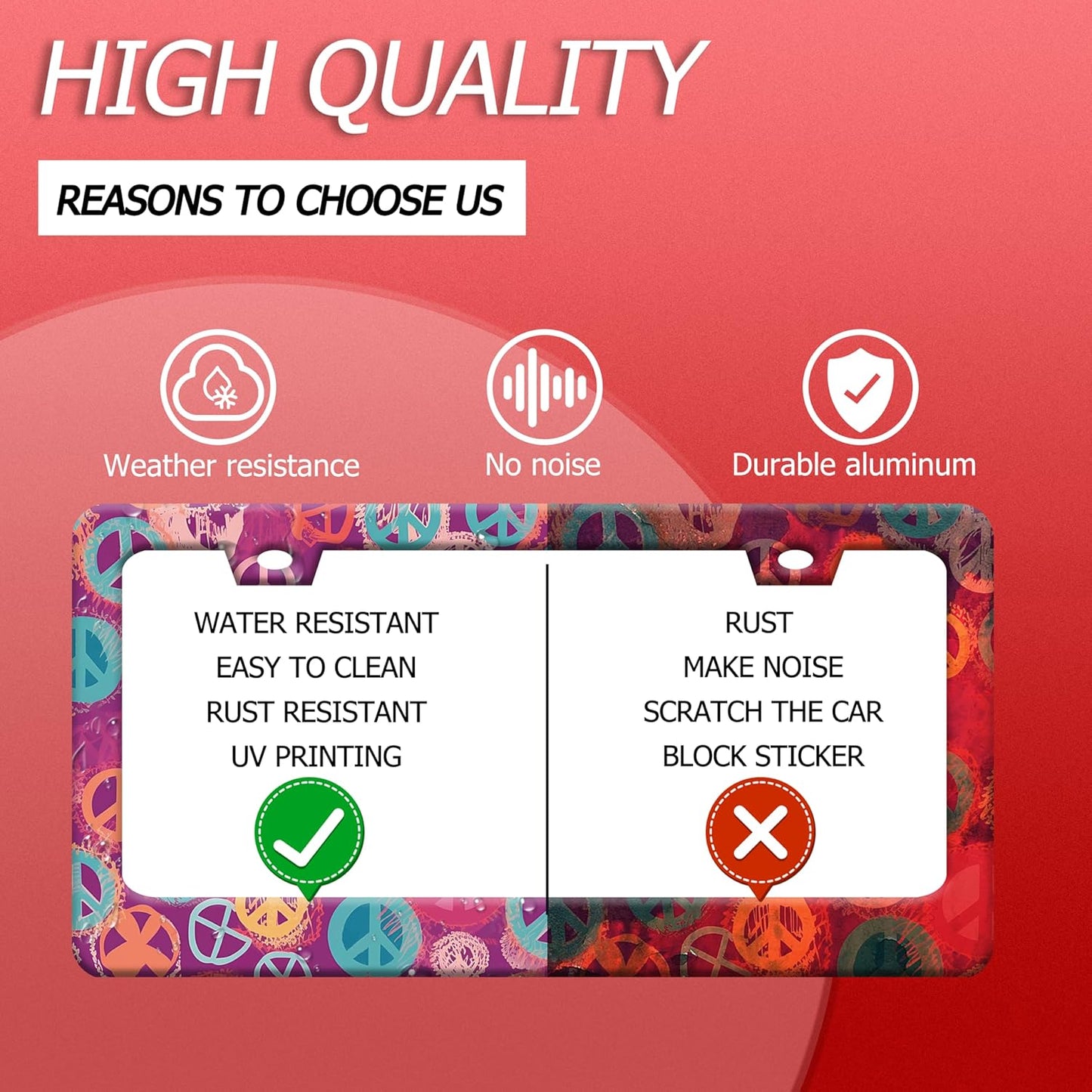 Groovy Hippie Peace Sign License Plate Frame Pink License Plate Frames Stainless Steel Accessories Cars Decor with 2 Holes and Screws Fits Standard US CA Vehicles Size 12.2 x 6 Inches