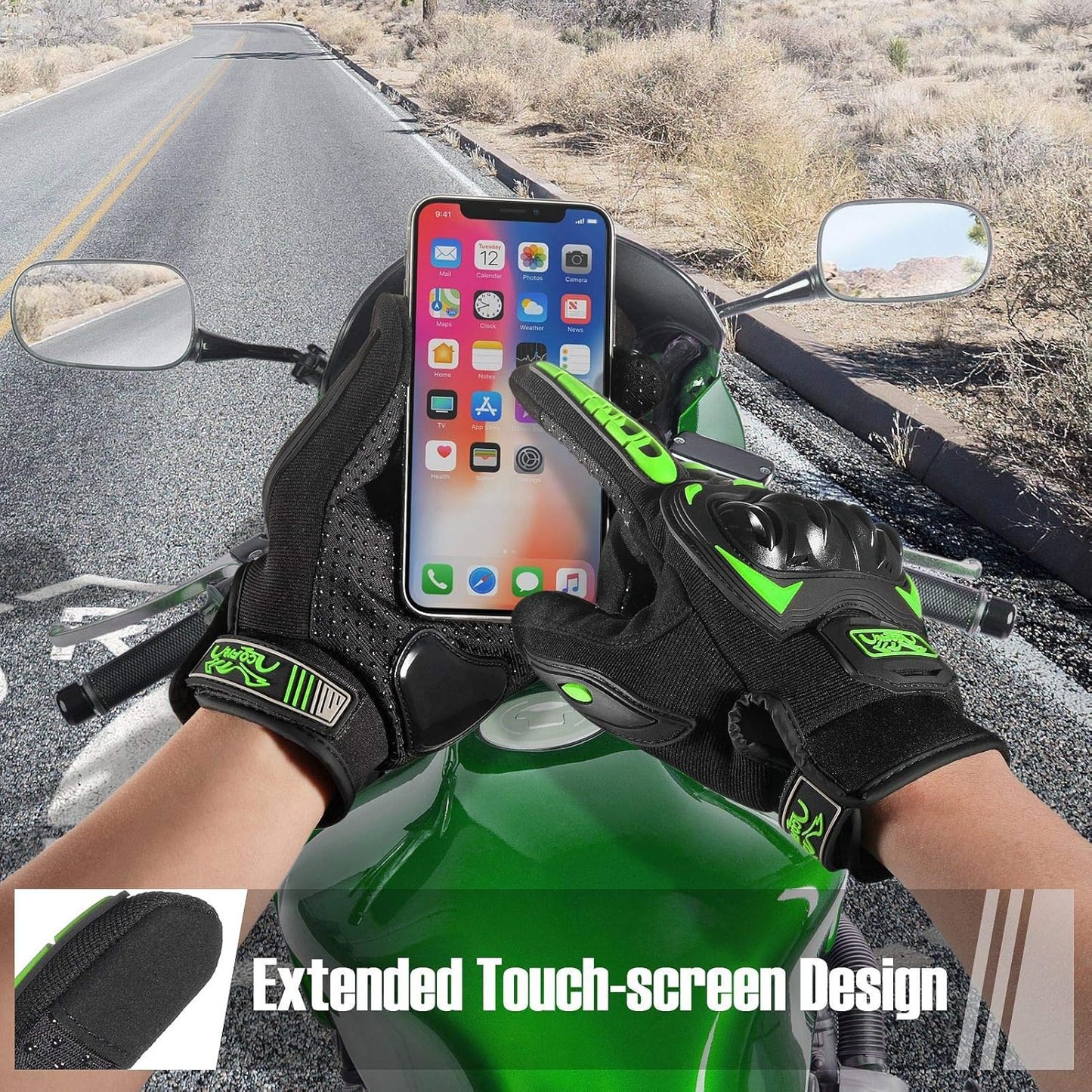 COFIT Motorcycle Gloves Breathable, Touchscreen Motorbike Gloves Anti-Slip with Good Grip Hard Knuckles Protection for Men Women Motocross, BMX ATV MTB Cycling, Road Racing - Green M