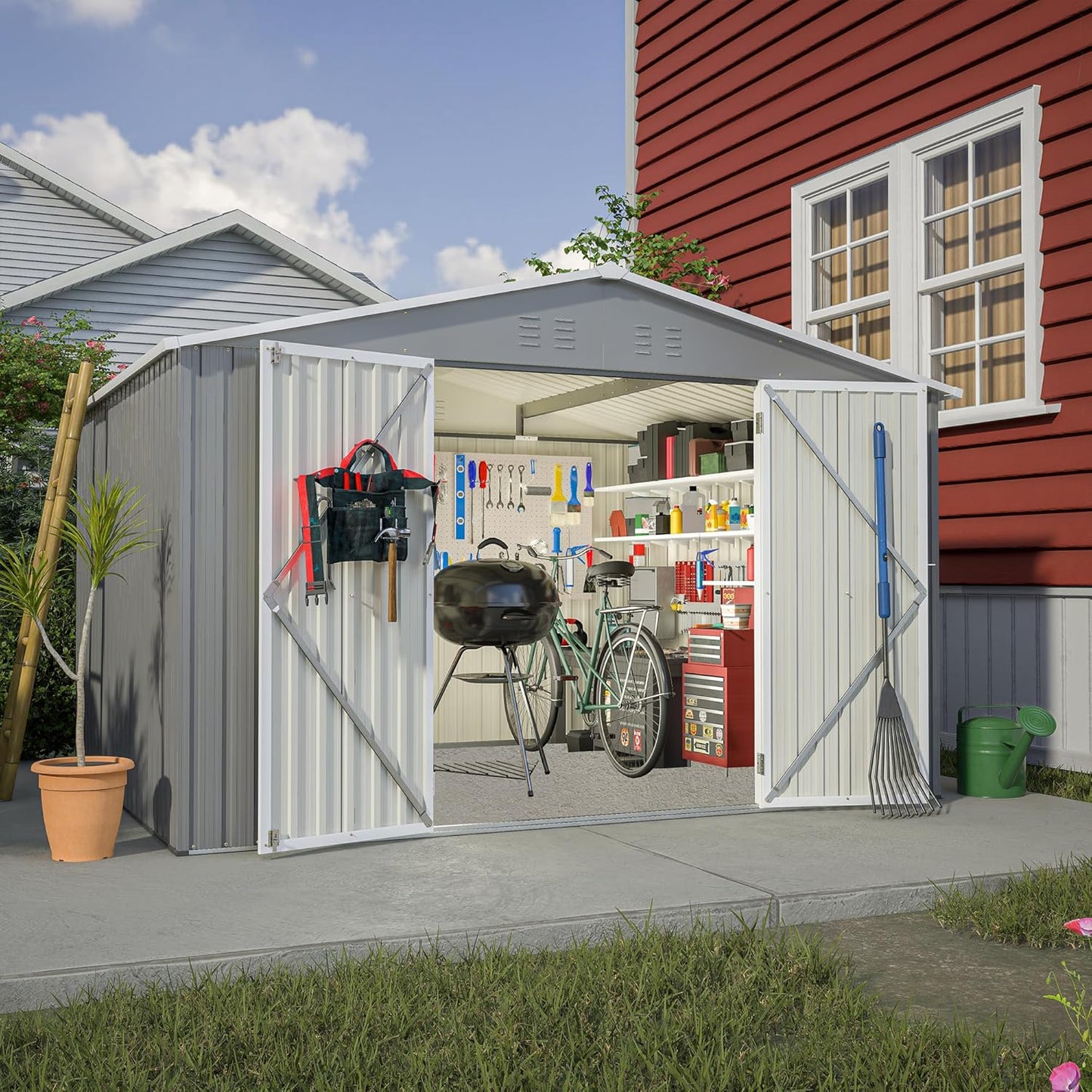 10×8 FT Metal Outdoor Storage Shed, Large Garden Sheds with Lockable Doors, All Weather Anti-Corrosion Galvanized Steel Tool House for Backyard Garden Lawn,Grey