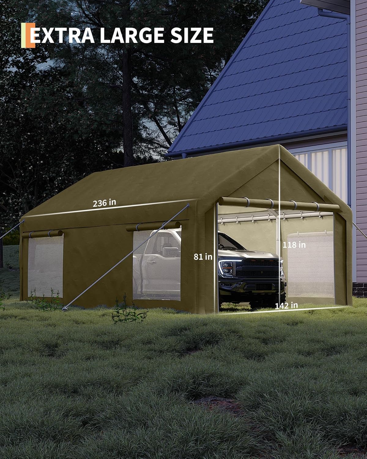 12x20 Ft Carport, Car Port with 200g PE Tarp, Roll-Up Doors, and 4 Windows, for Full-Size Pickups, Bass Boats, Tractors, and SUVs, Khaki
