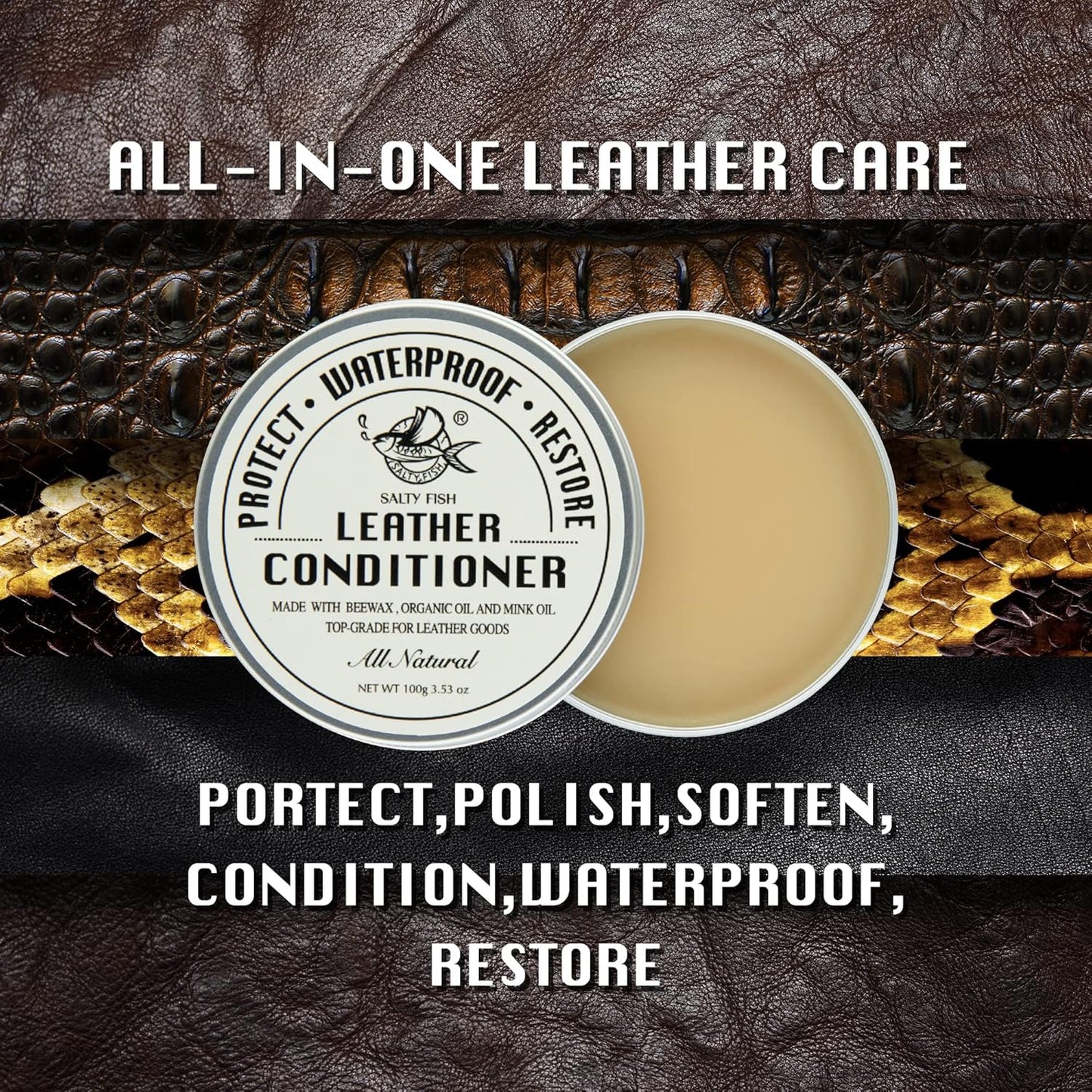 SALTY FISH All-Natural Leather Conditioner and Cleaner,Made with Mink Oil Beeswax,Protect Soften Waterproof Leather Furniture,Car Seats,Shoes,Boots,Bags (3.53 Oz)