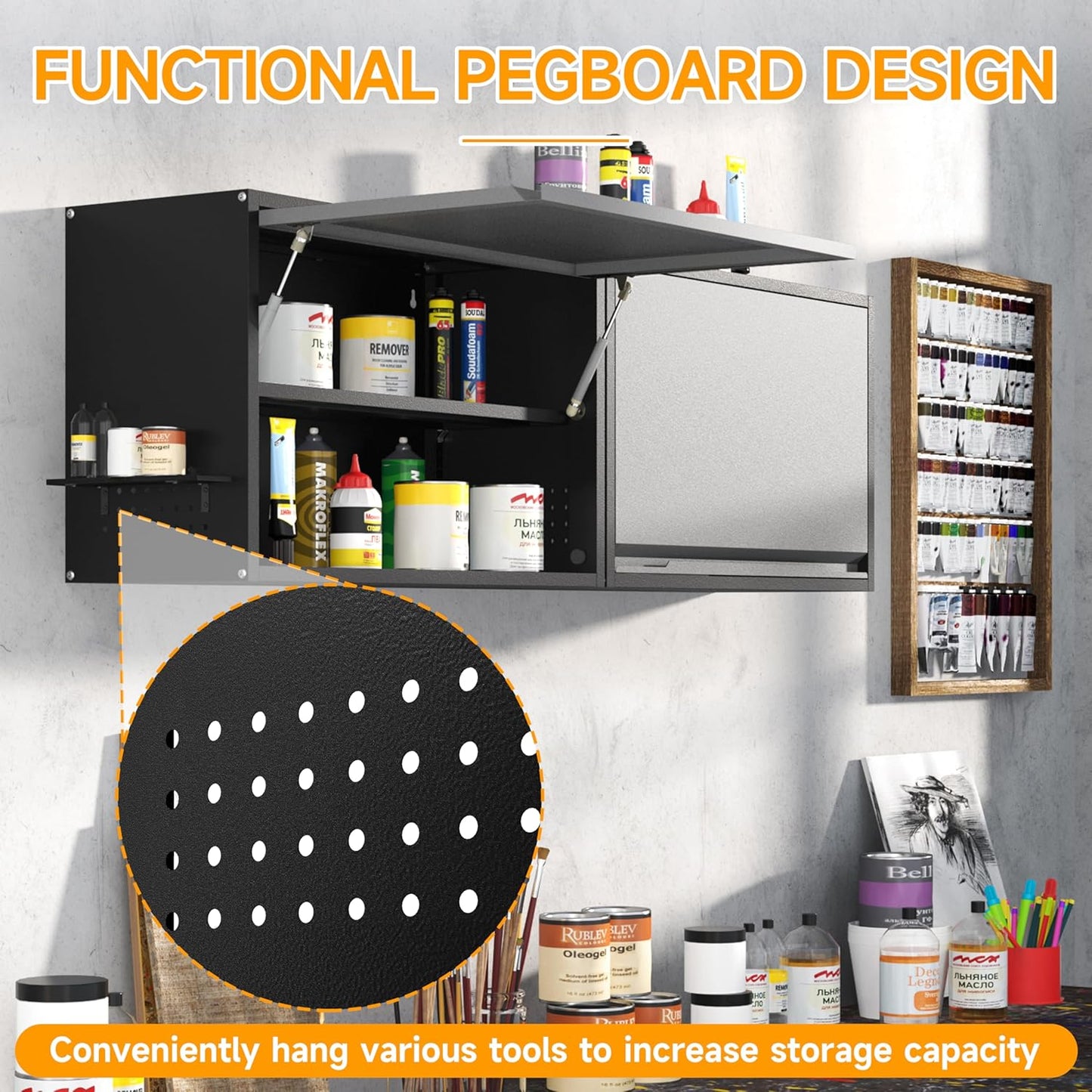 Metal Wall Cabinet with Adjustable Shelves, Doors - Floating Tool Storage for Garage/Warehouse - Black/Gray