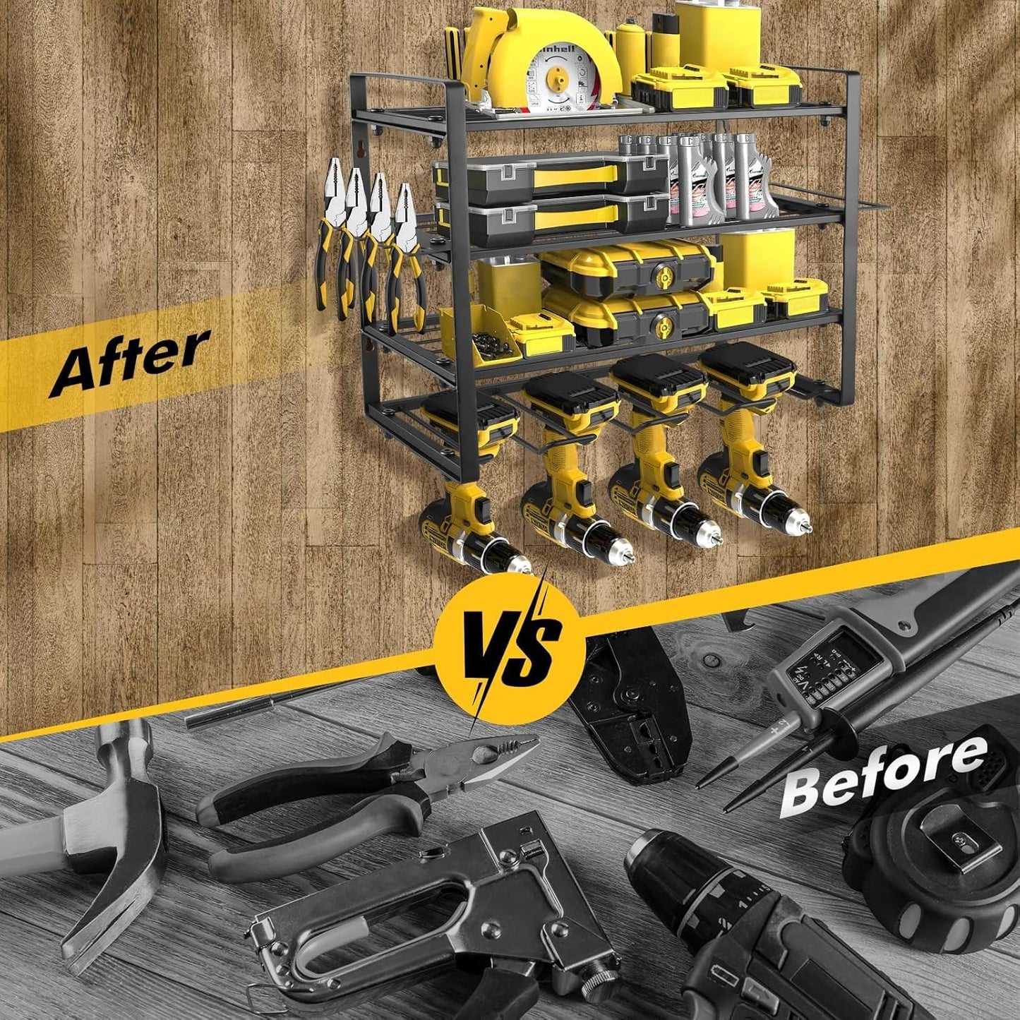 4 Layers Power Tool Organizer Wall Mount, Garage Wall Shelving, 4 Drill Holder Wall Mount, Cordless Tool Organizer, Garage Storage Rack with 4 Extension Cord Holder