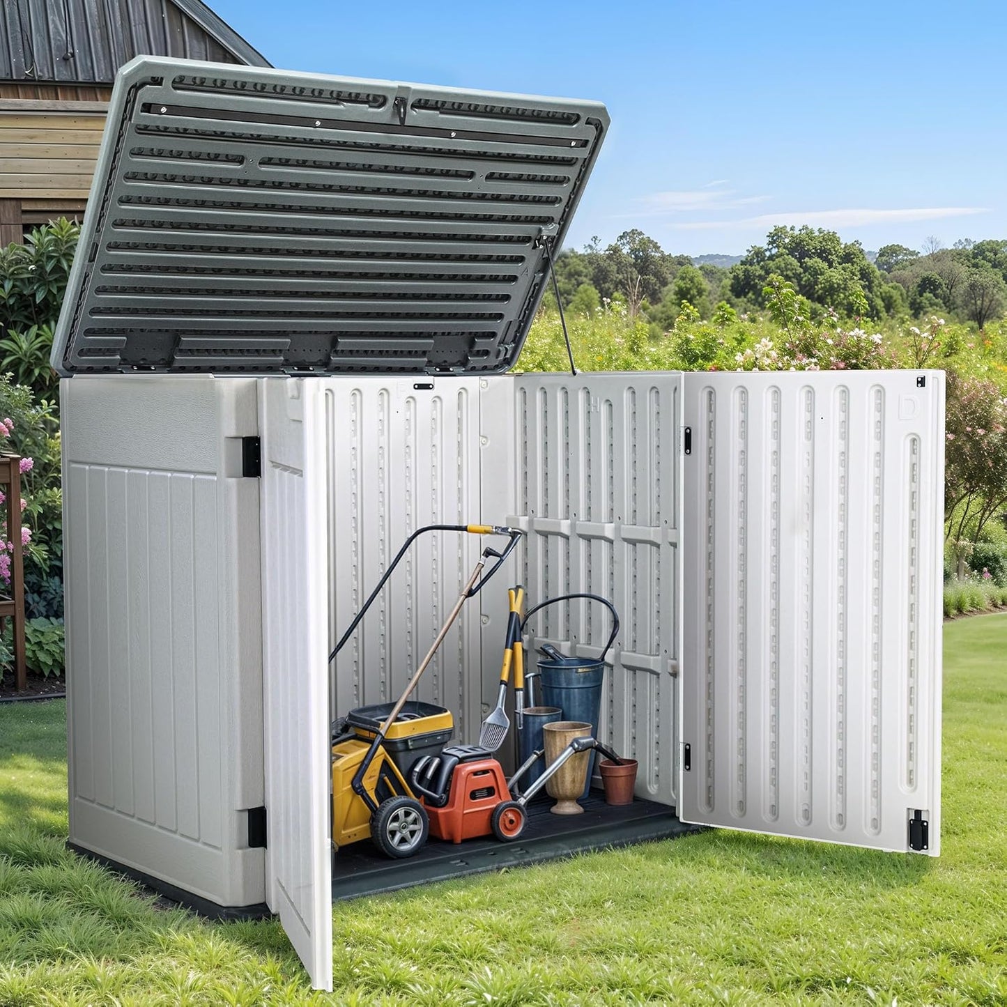 GOOBED 4.5x4ft Outdoor Horizontal Resin Storage Shed, 47 cuft Large Waterproof Tool Shed, No Shelf Included, Lockable, Easy Assembly (Light Gray)