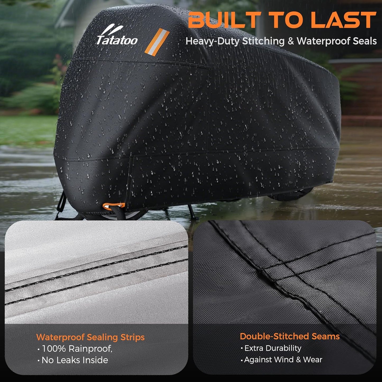 Motorcycle Cover Waterproof Outdoor, 300D Heavy Duty, UV & Rain Resistant, 3 Wind-Resistant Buckles, Dual Lock Holes, Includes Storage Bag, Fits Most Motorcycles up to 104",Black