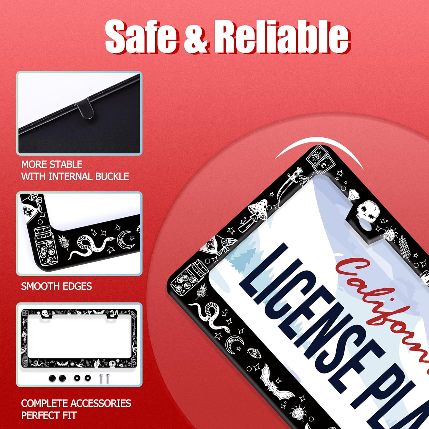 Witch License Plate Frame Gothic Magical License Plate Frames for Car Decorative Parts Stainless Stee License Plate for Standard Us Canada Funny License Plate Holder 12x6 Inch
