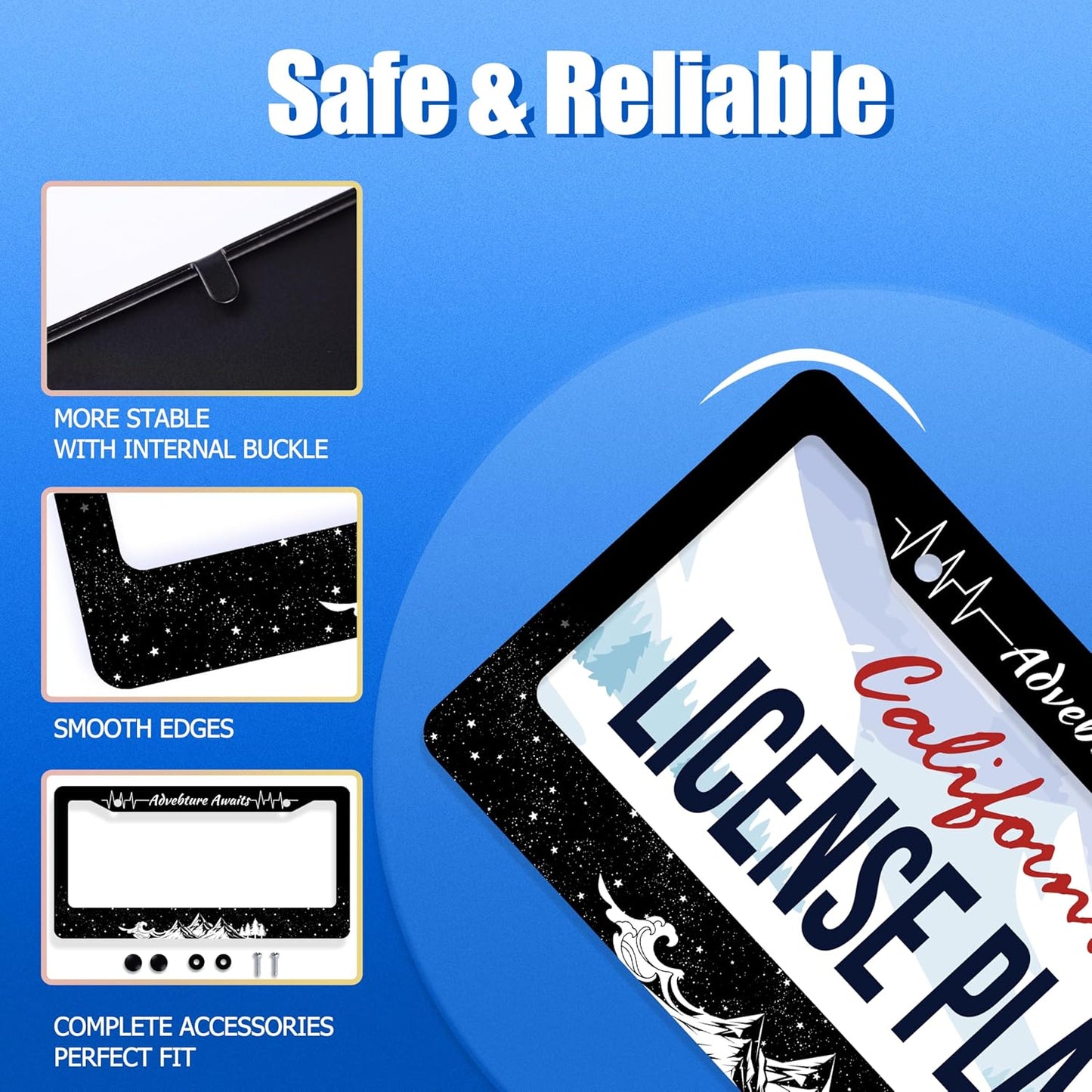 Advebture Awaits License Plate Frame Mountain Waves Forest License Plate Stainless Steel Rust-Proof Metal Funny License Plate Holder Car Accessory With Screws Car Decoration 12.3" x 6.3" For Men Women