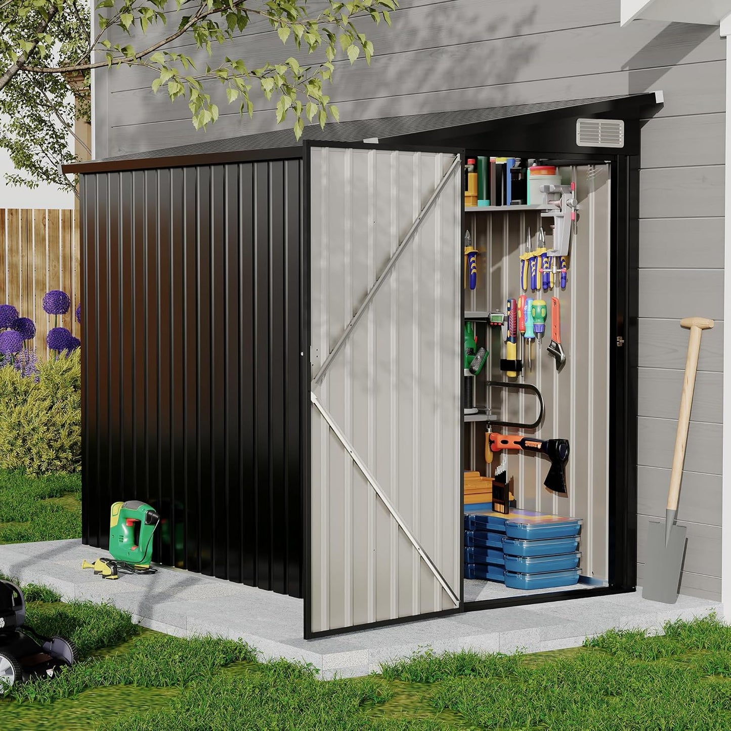 4' x 8' Outdoor Lean to Storage Sheds Outdoor, Heavy-Duty Lean to Garden StorageShed, Metal Wall Side Bike Shed & Outdoor Storage