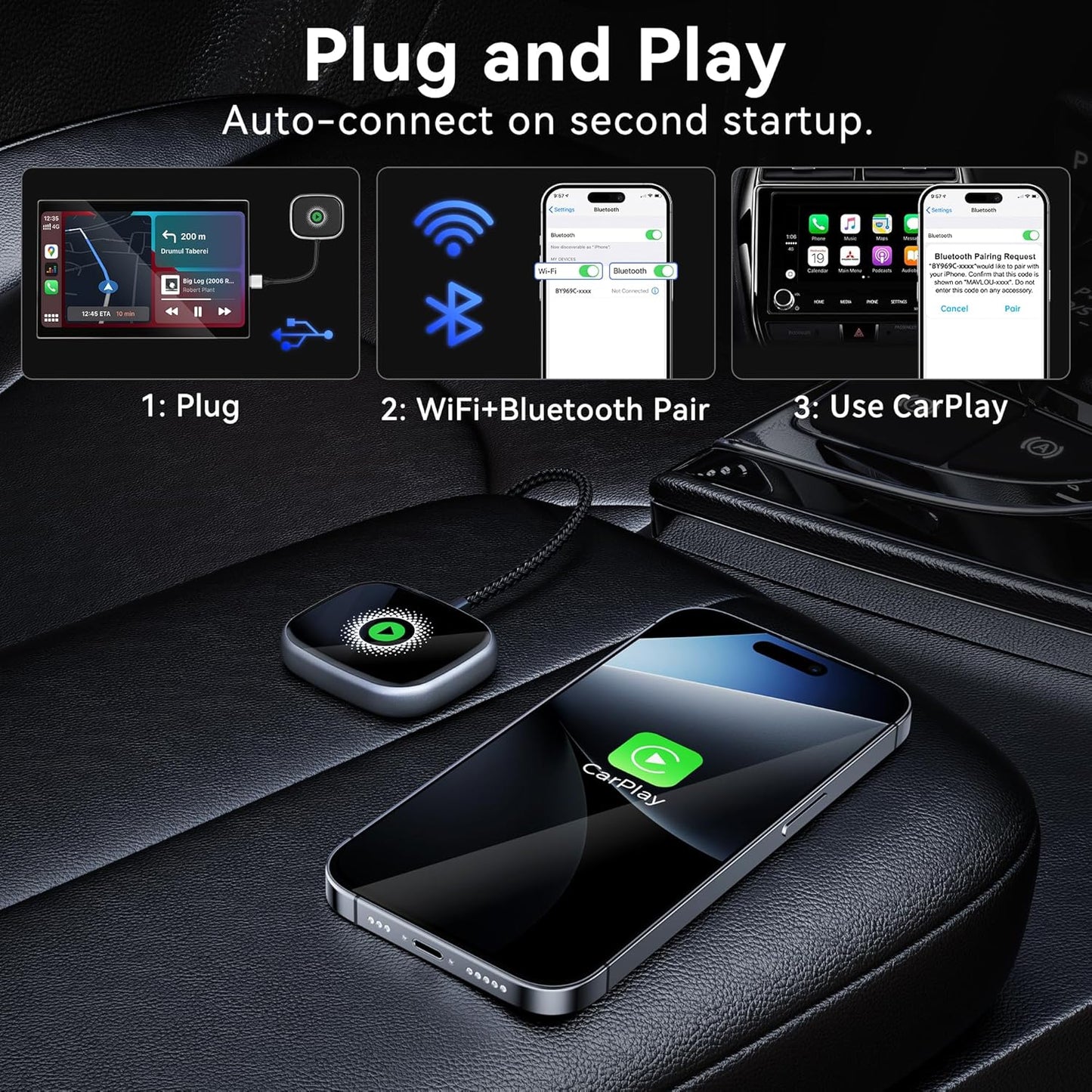 Wireless CarPlay Adapter, Wireless Car Screen Adapter for iPhone-Easily Upgrade Wired CarPlay to Unwired Connectivity, Includes USB-A to USB-C Dongle, Plug & Play for iPhone (iOS 10 and Above)