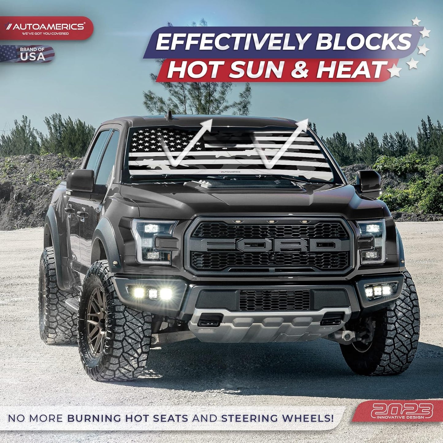 Autoamerics Truck Windshield Sun Shade with Storage Pouch & Anti-Slip Dash Pad - Foldable B&W Camo USA Flag Design - Fits Most SUVs & Trucks - Blocks UV Rays and Keeps Car Cool | XL (66 x 36 inches)