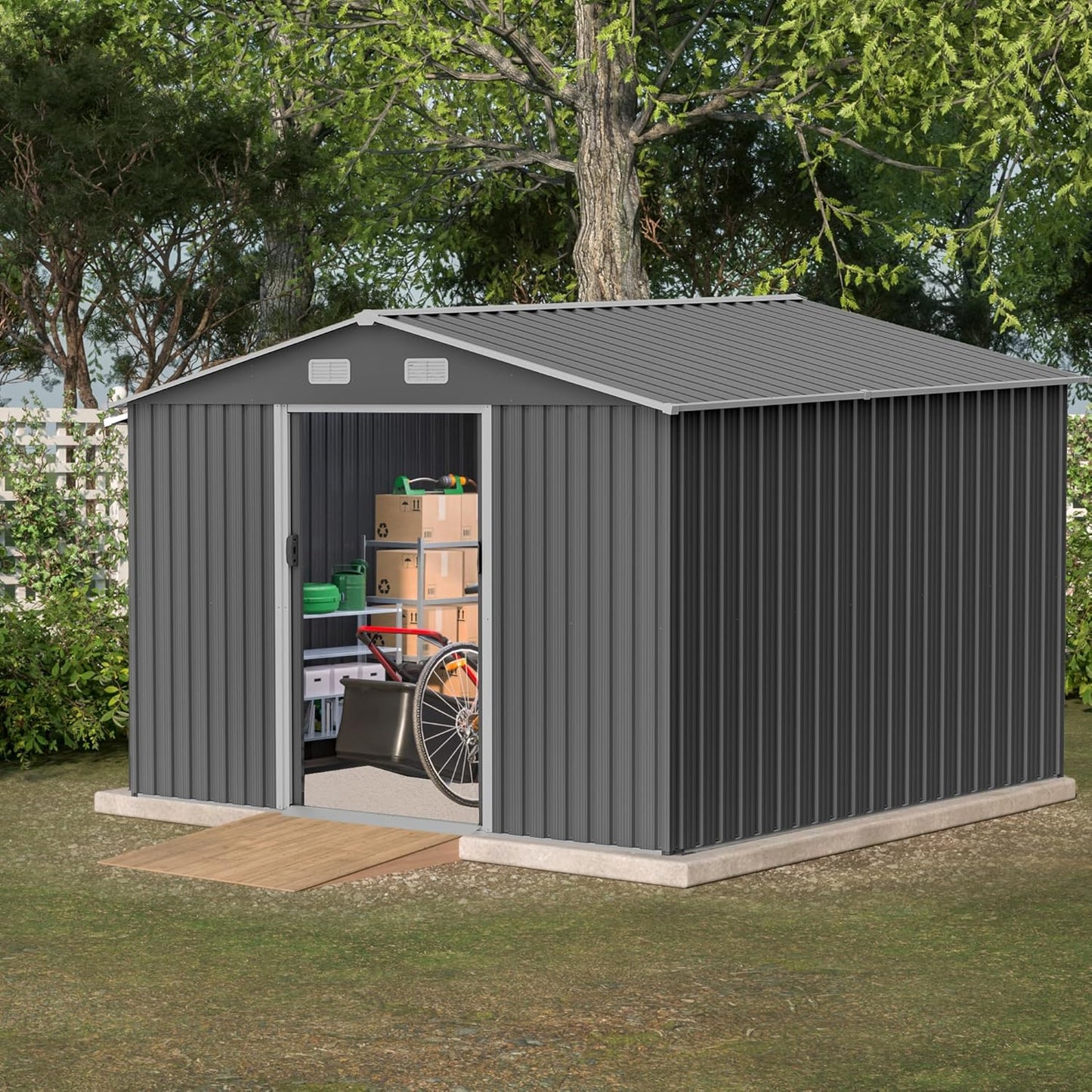 10X8 FT Outdoor Tool Storage Shed with Metal Foundation & Lockable Doors, All Weather Metal Sheds for Garden, Patio, Backyard, Lawn