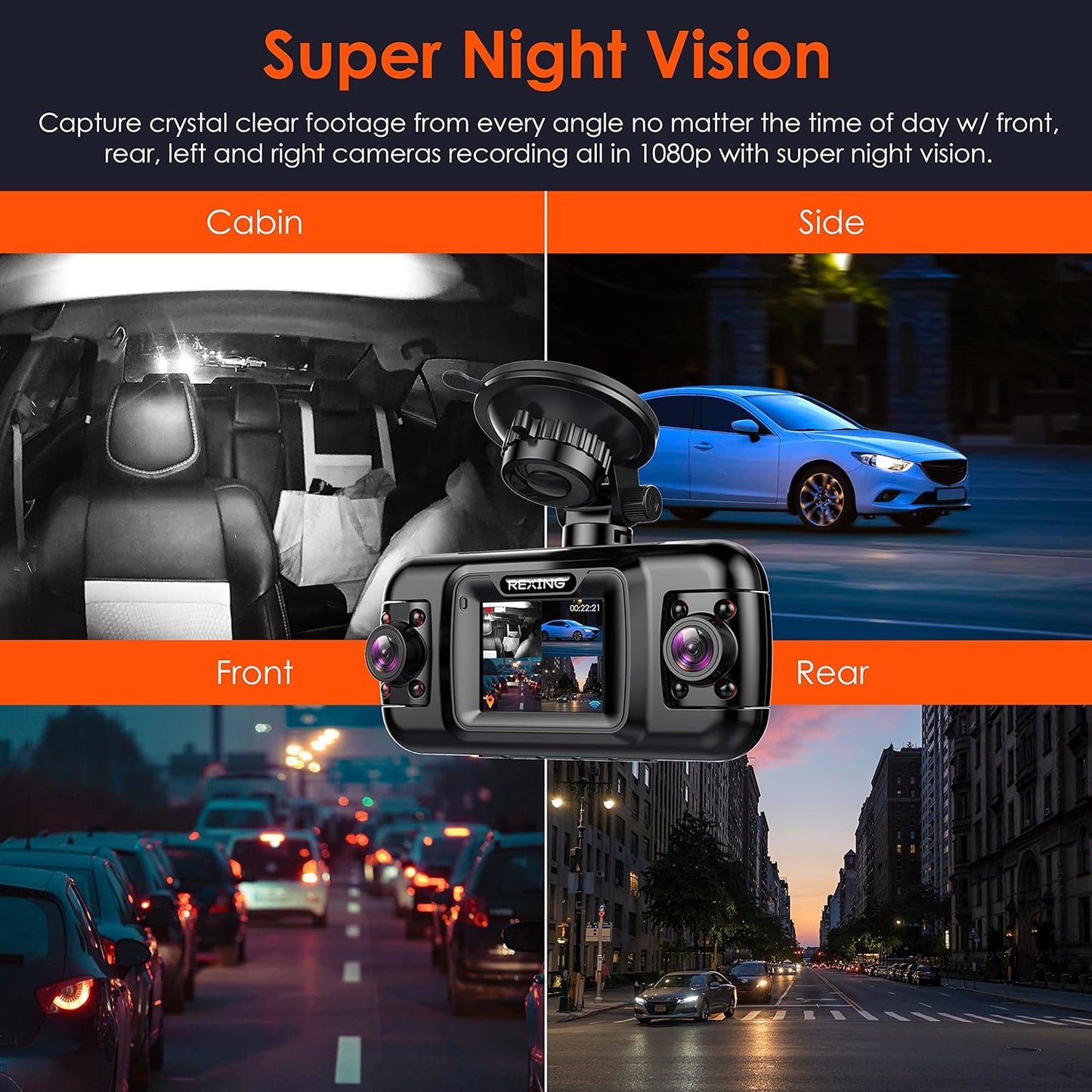 R4-4 Channel Dash Cam W/All Around 1080p Resolution, Wi-Fi, GPS, IR Night Vision, Parking Mode, Collision Detection, Type-C Port