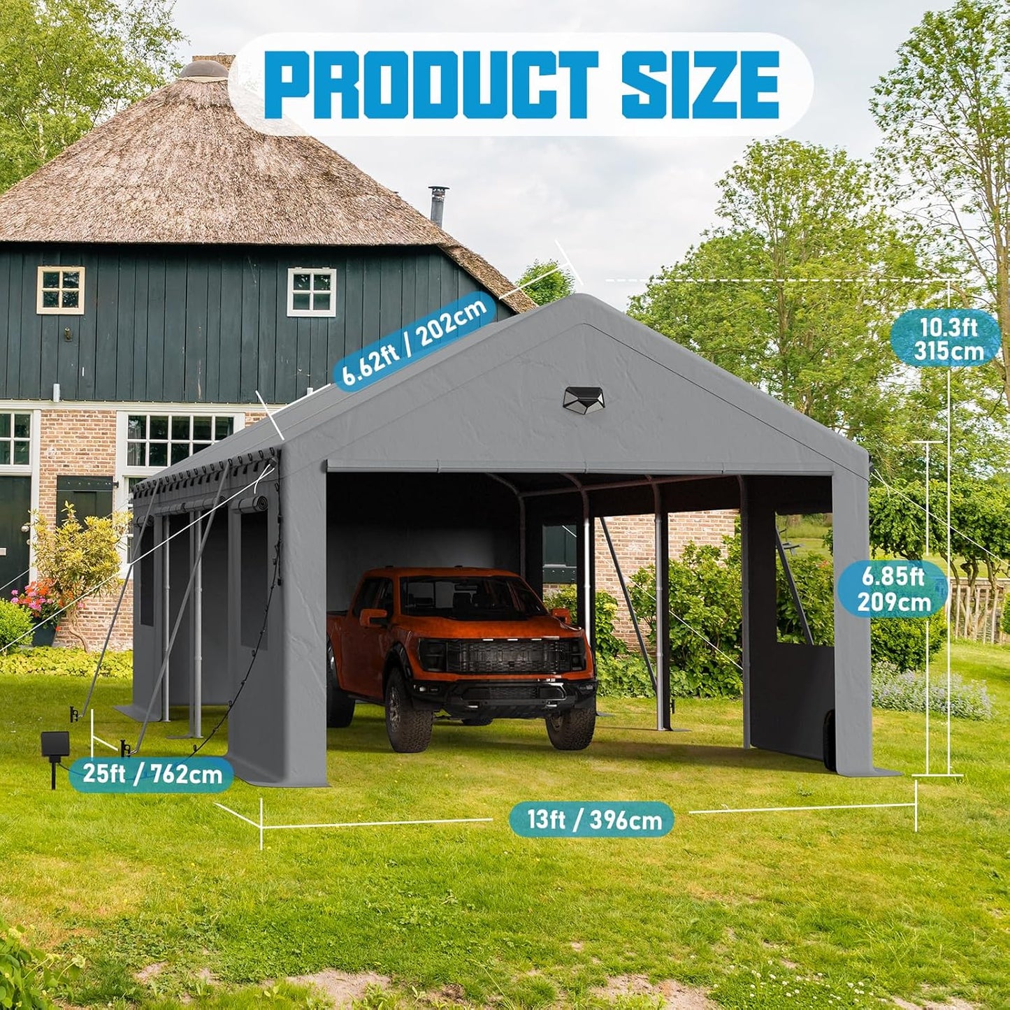 13x25 Carport, Heavy Duty Carport Canopy Garage with Removable Sidewalls and Drive Through Roll Up Zipper Doors & Side Doors, Grey