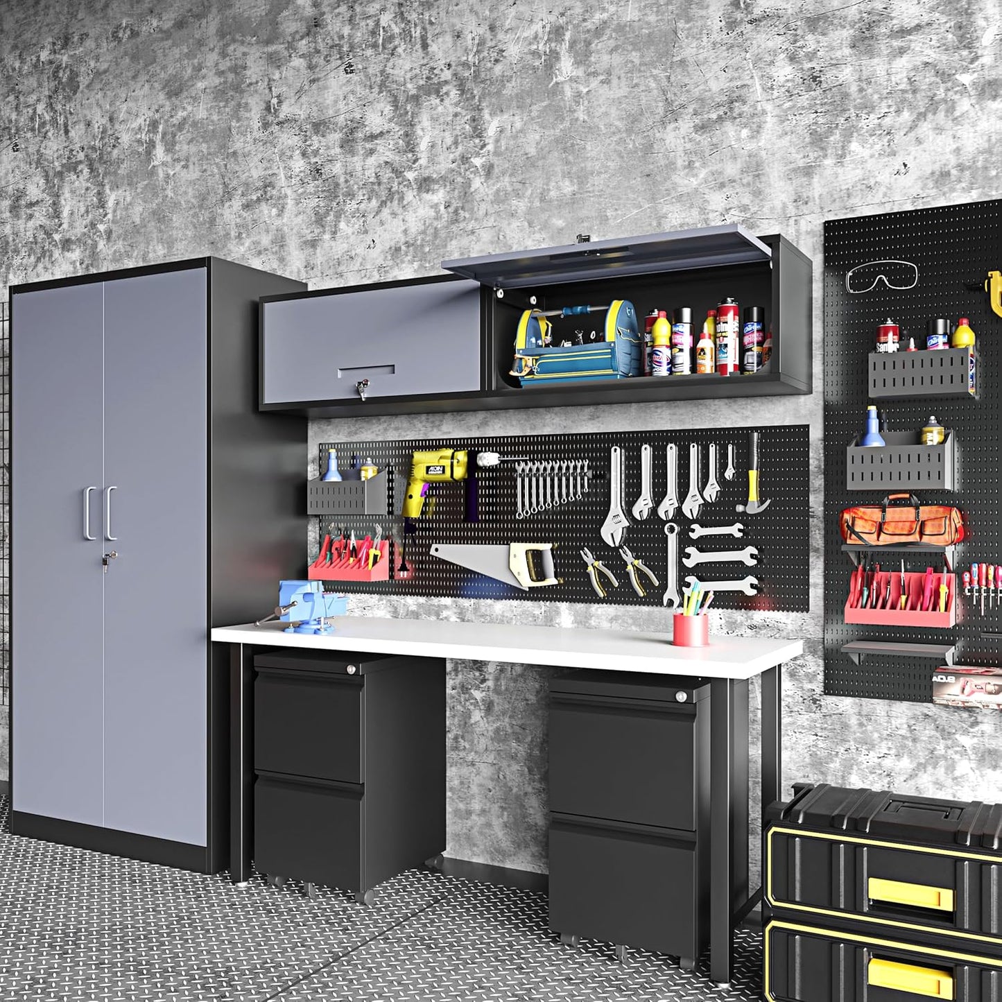 Wall Mounted Steel Metal Garage Storage Cabinet, Wall Cabinet Shelf Floating Garage Tool Cabinet Trailer Cabinets Work Shop Wall Heavy Duty Assembly Required White