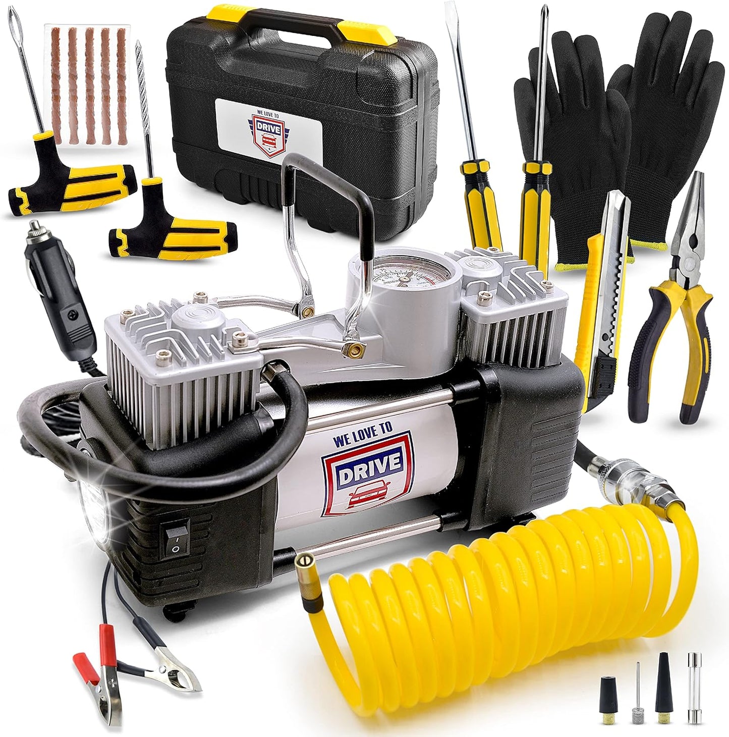 Tire Inflator Portable Air Compressor with Tire Repair Kit – 12V DC Dual Cylinder Air Pump for Car Tires, 150 PSI Tire Pump with Tire Pressure Gauge, Car Emergency Kit, and Cars Accessories Air Pump