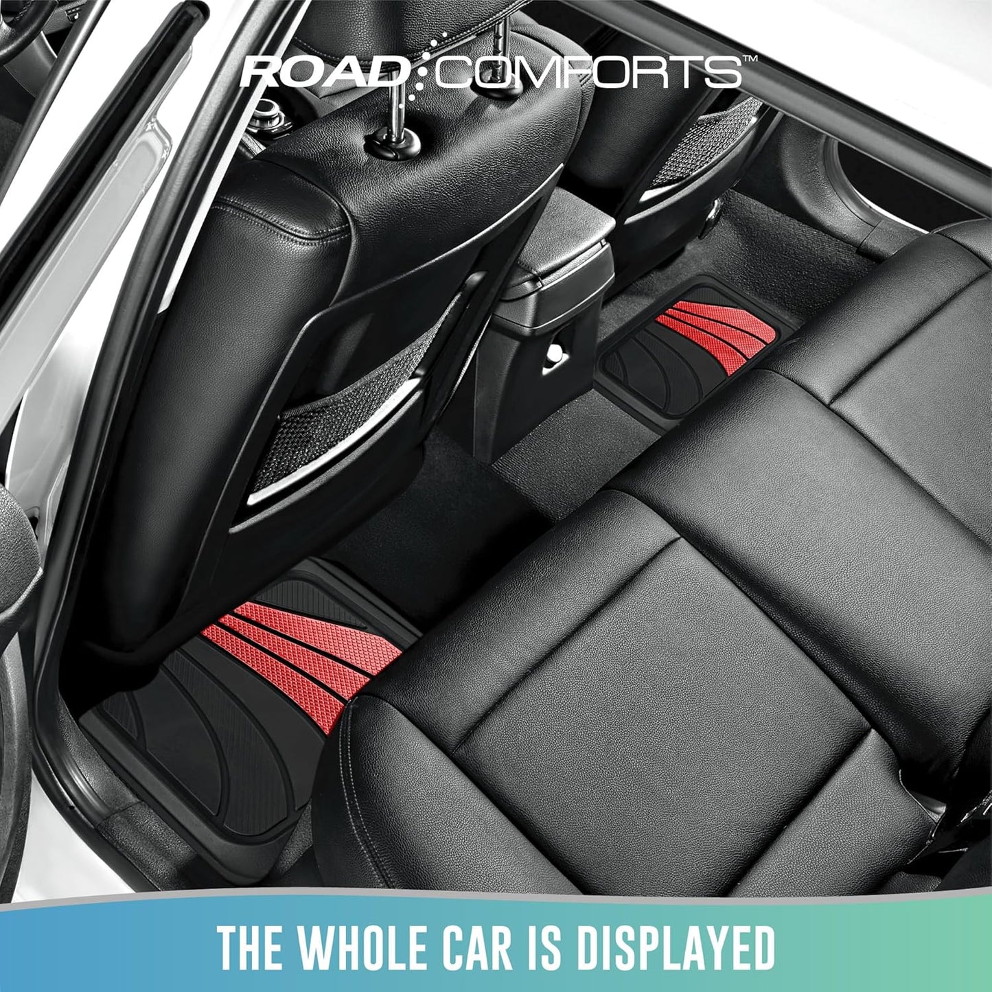 Road Comforts Car Floor Mats Full Set – Front & Rear Car Floor Mats with Aluminum Design, Anti-Slip Backing, All-Weather Protection, Trim-to-Fit Car Mats for Most Sedans, SUVs & Vans - Red