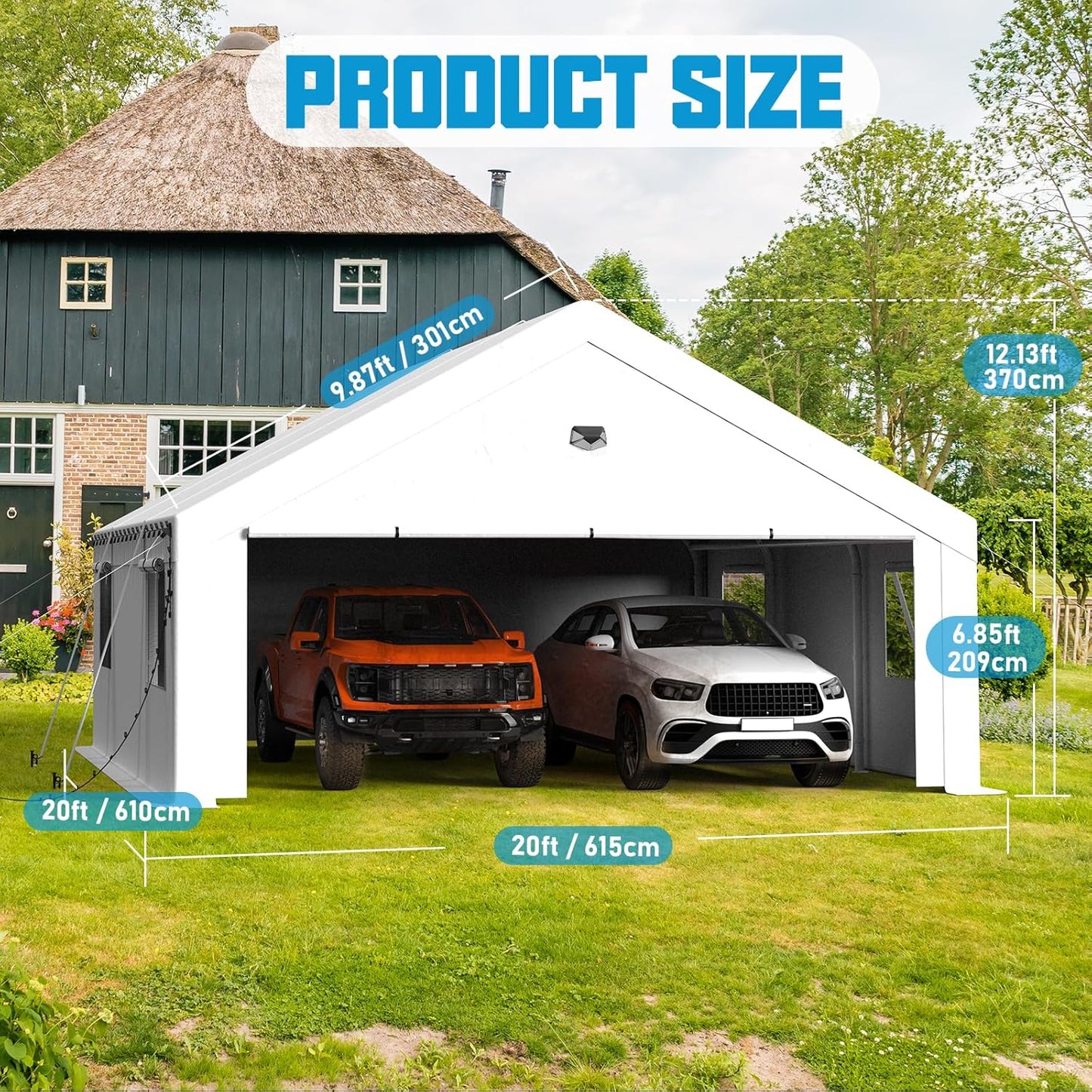 20x20 Carport, Heavy Duty Carport Canopy Garage with Removable Sidewalls and Drive Through Roll Up Zipper Doors, White
