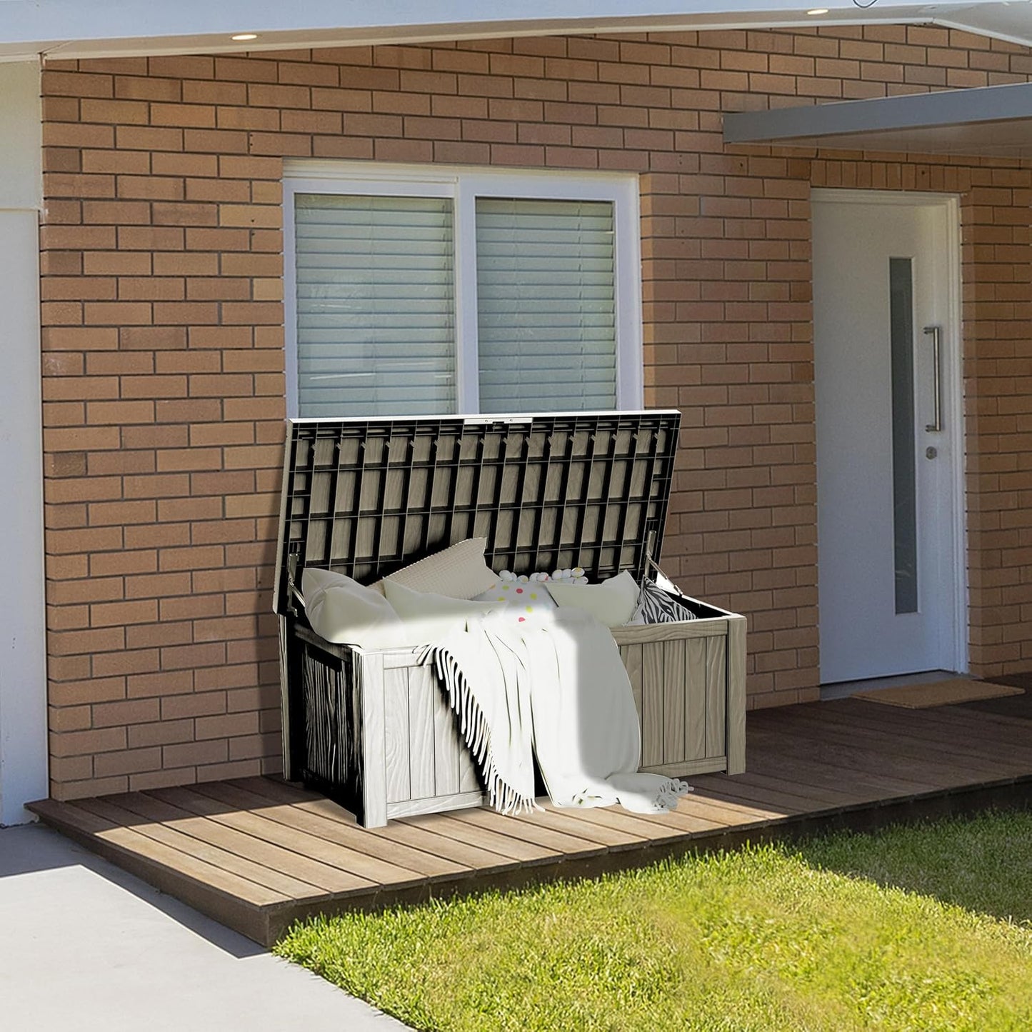 150 Gallon Lockable Resin Deck Box, Waterproof & UV-Resistant Outdoor Storage Box for Outdoor Cushion Storage, Garden Tools & Pool Accessories Storage, Gray