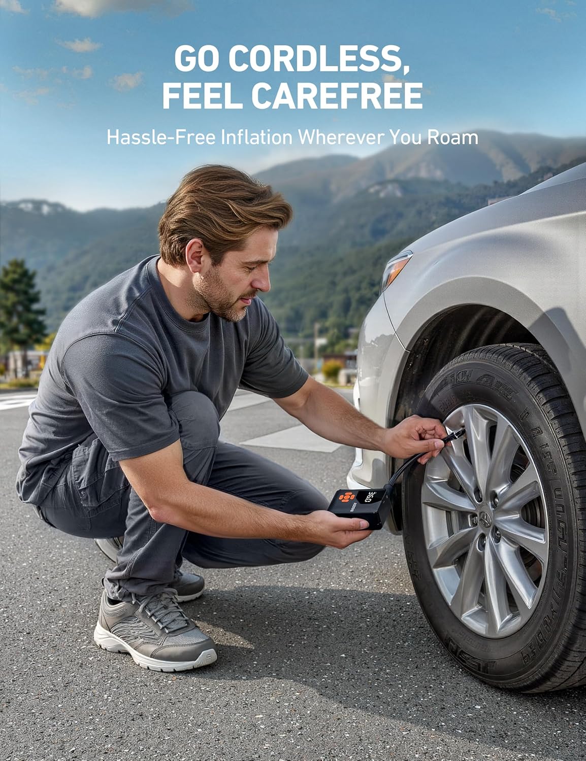 AstroAI L7 Mini Tire Inflator Portable Air Compressor,150 PSI Cordless Car Tires Air Pump with LED Lights&Pressure Gauge,Auto Shut-Off - Tire Pump for Auto,Motorcycle, Bicycle, Ball Orange