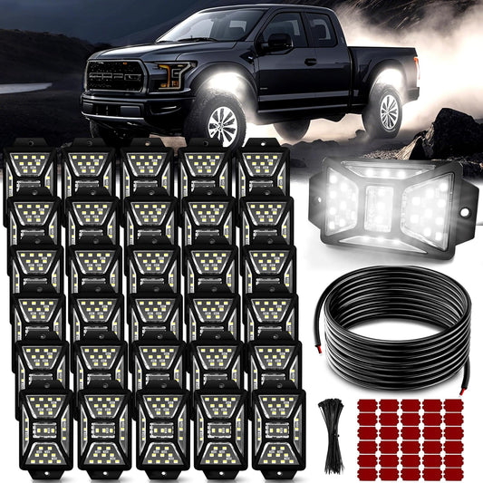 30 Pods 810 White Rock Lights with 11yd/10M Extension Wire, 6000K Super Bright Underglow Light, Waterproof IP67, 360° Full Angle Illuminate Rock Lights for Trucks Jeep UTV ATV SUV Boats