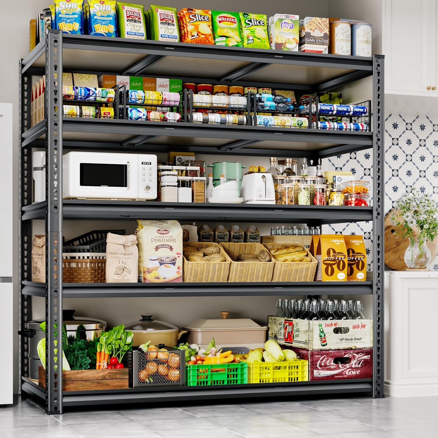 48"W Garage Shelving, 2650LBS Storage Shelves heavy duty, 5 Tier Metal Shelving Unit Adjustable Garage Shelves Heavy Duty Shelving for Warehouse,Commercial, Kitchen, 48" W × 24" D × 72" H, Black，2PCS